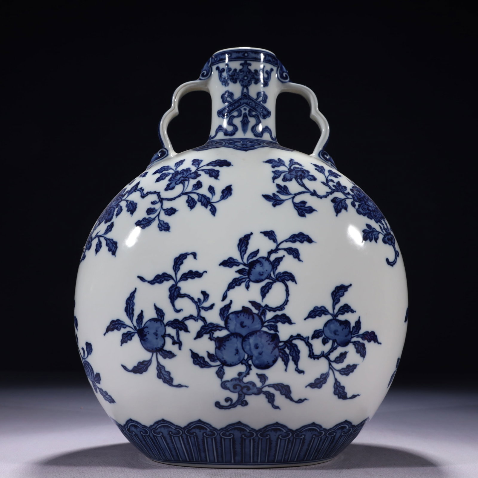 An Exquisite Blue and White Flower and Fruit Pattern Double-Ears Vase: An Exquisite Blue and White Flower and Fruit Pattern Double-Ears Vase,Qing Dynasty,China,Yongzheng Six-character Mark,Size:9.8inx5.5inx13in,Weight:3250g 青花花果纹双