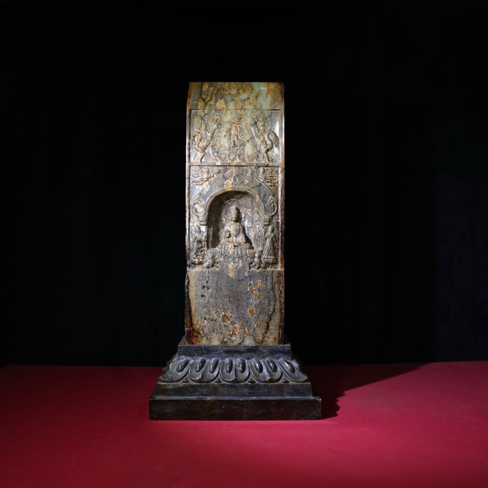 An Exquisite White Jade Buddha Statue Ornament,with poem: An Exquisite White Jade Buddha Statue Ornament,with poem,N.Wei,China,Size:(entirety)23inx11.3inx8.2in,(Buddha Statue)19.5inx6.9inx3.3in,Weight:33700g