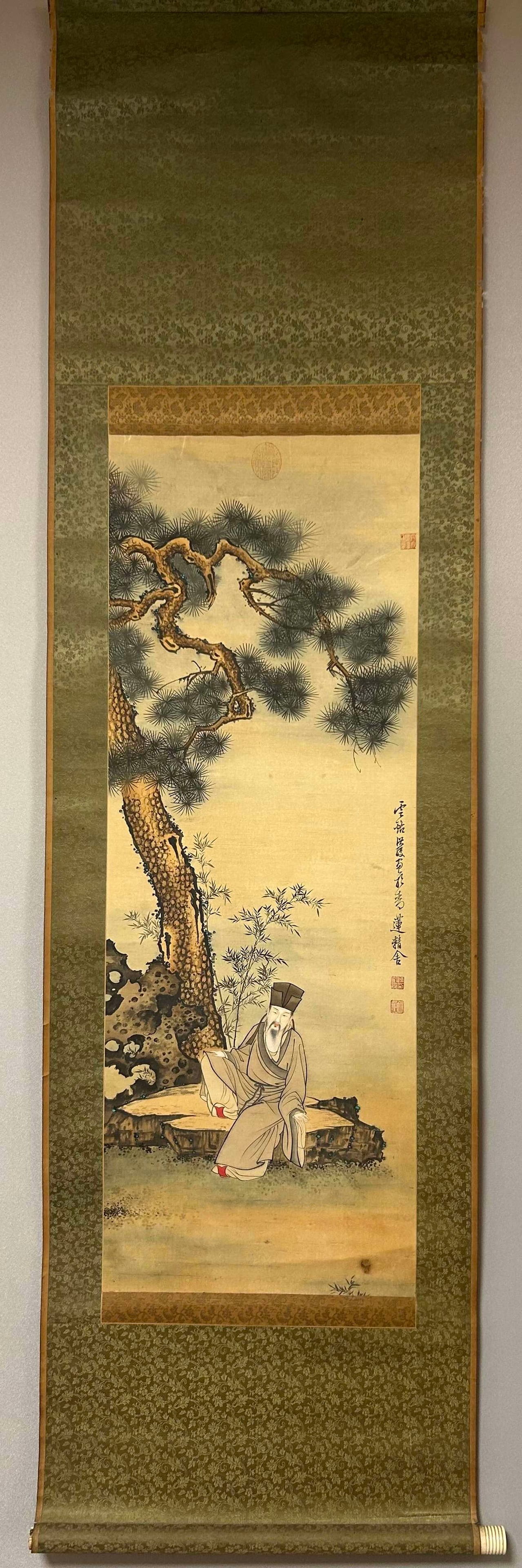 A Chinese Vertical Scroll Ink Painting of Landscape and Figure on Paper: A Chinese Vertical Scroll Ink Painting of Landscape and Figure on Paper,Chen Hongshou,Size:47.2inx14.2in 一幅中国水墨山水人物画立