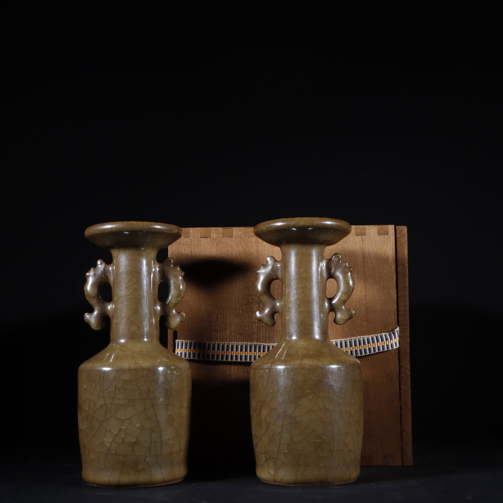 A Pair of Exquisite Guan yao Yellow Glazed Double-Ears Vases: A Pair of Exquisite Guan yao Yellow Glazed Double-Ears Vases,Song Dynasty,China,Size:6.8inx3.1in