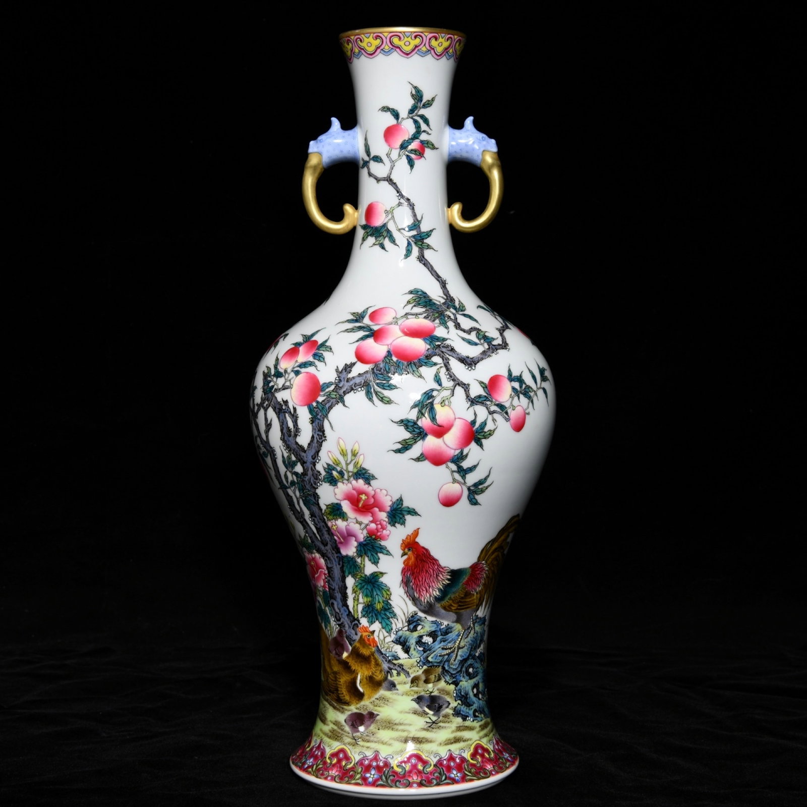 A Rare Famille-Rose Painted Gold Flower and Rooster Pattern Double-Ears Vase,with poem: A Rare Famille-Rose Painted Gold Flower and Rooster Pattern Double-Ears Vase,with poem,Qing Dynasty,China,Qianlong Six-character Mark,Size:14.2inx5.9in 粉彩描金花卉