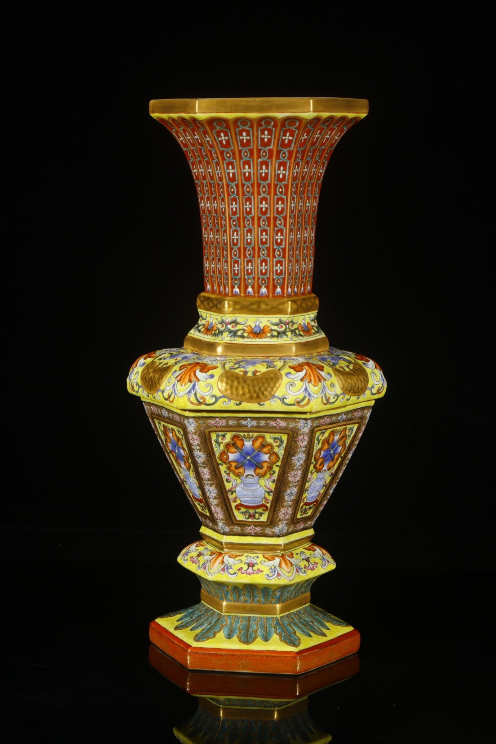A Huge Yellow Ground Famille-Rose Lotus Pattern Vase: A Huge Yellow Ground Famille-Rose Lotus Pattern Vase,Qing Dynasty,China,Yongzheng Four-character Mark,Size:17.3inx6.7in 黄地粉彩缠枝莲纹瓶,中