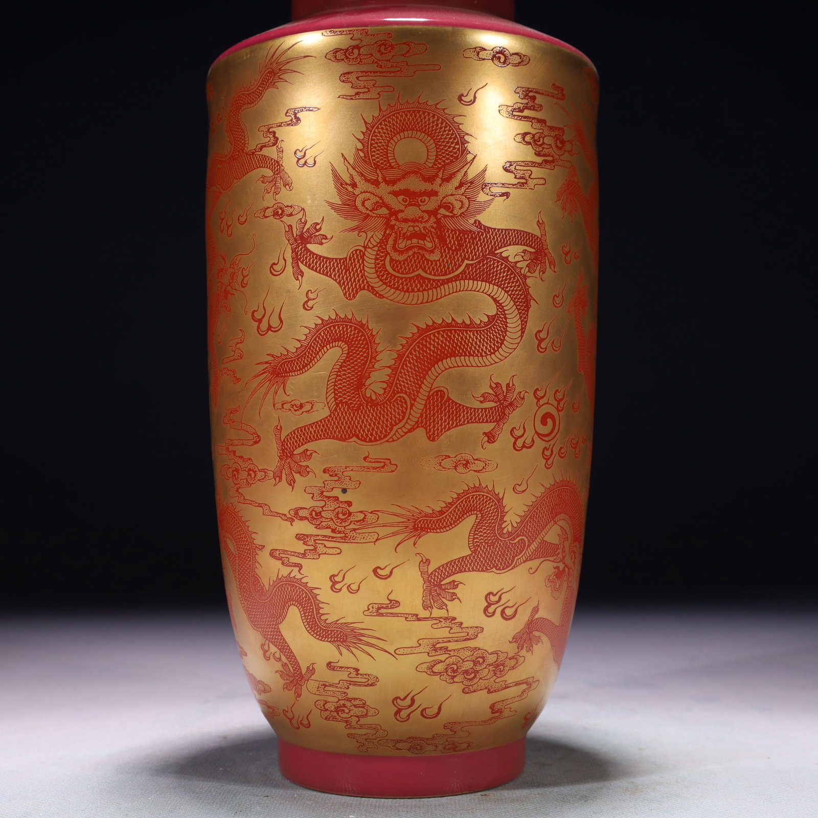 An Exquisite Ruby Red-Glazed Painted Gold Auspicious Cloud and Dragon Pattern Vase - 2