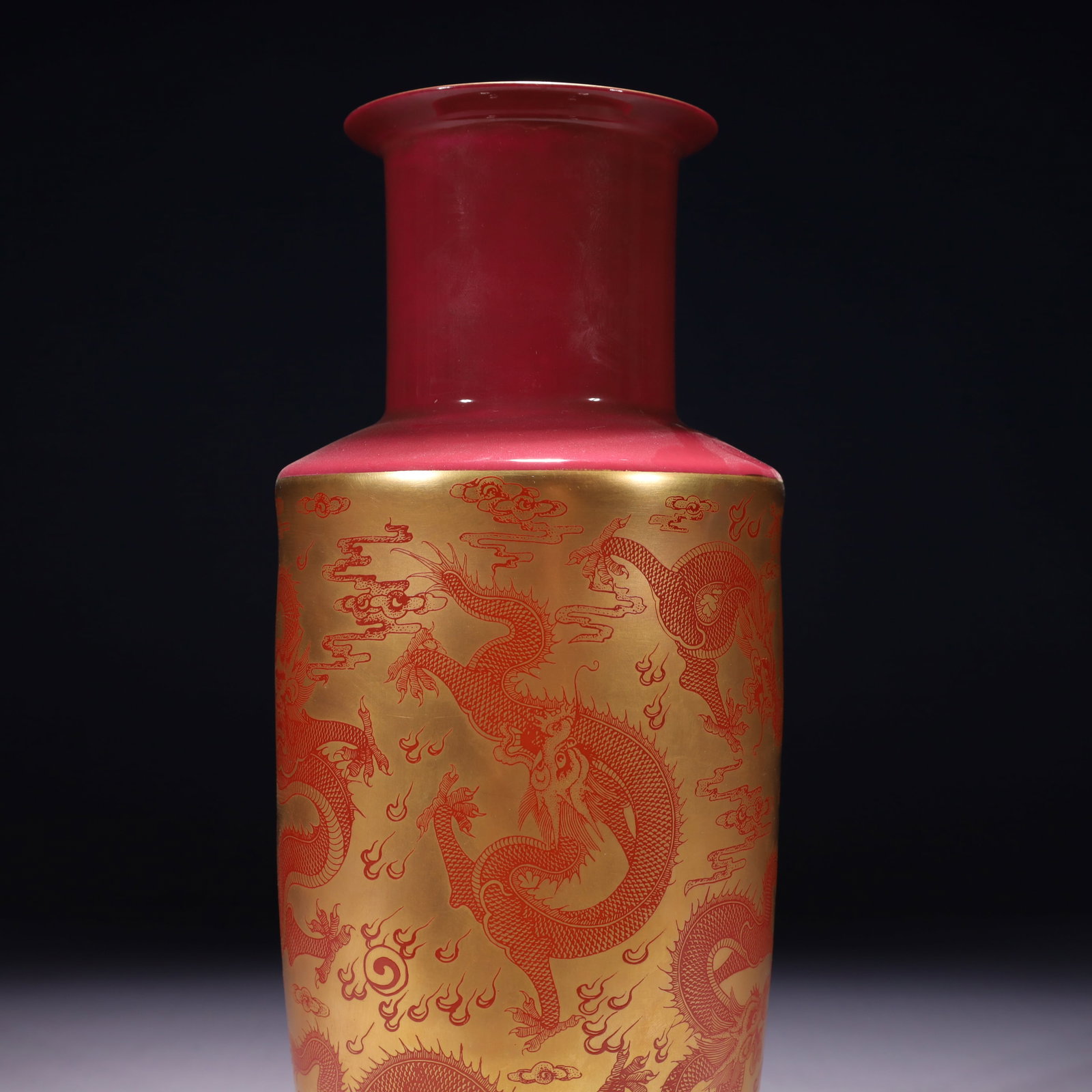 An Exquisite Ruby Red-Glazed Painted Gold Auspicious Cloud and Dragon Pattern Vase - 4
