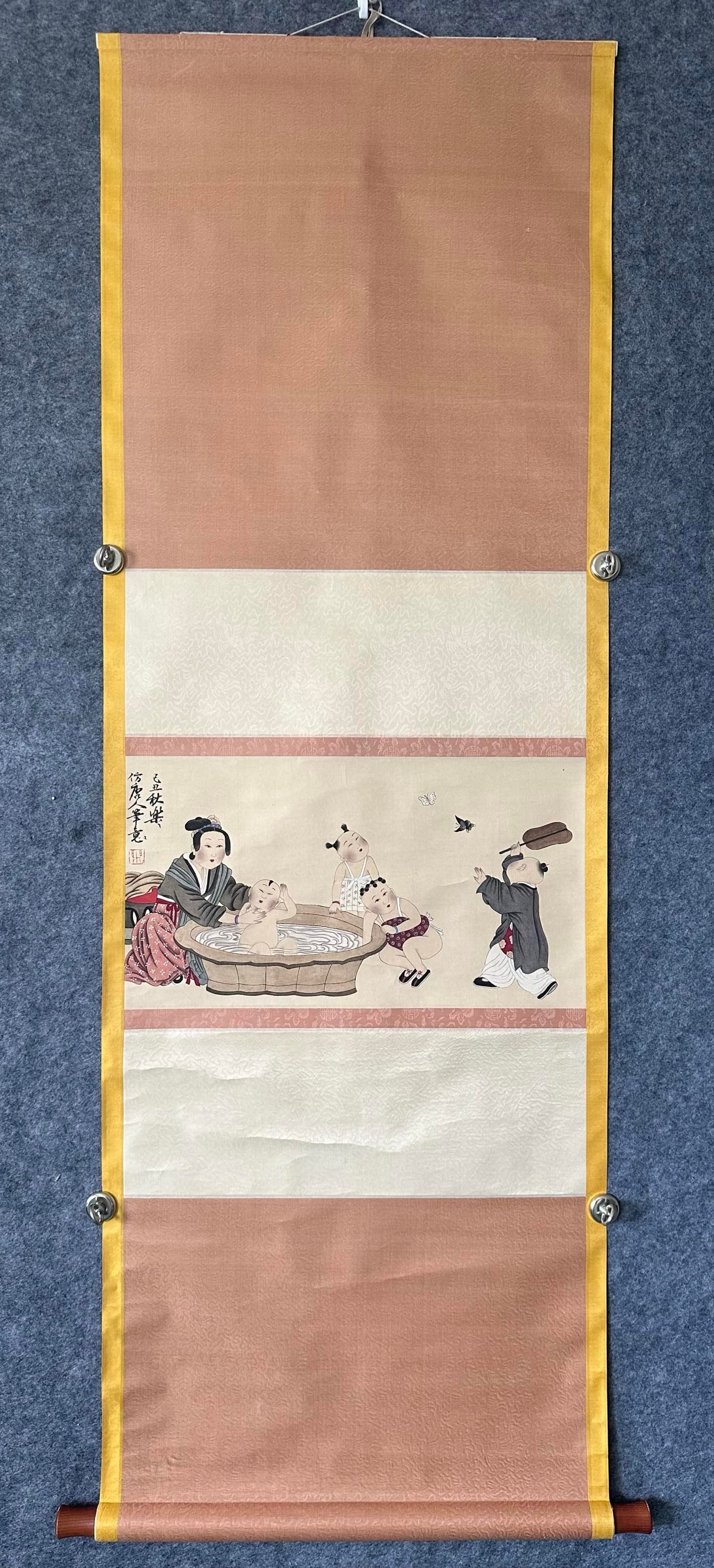 A Chinese Vertical Scroll Ink Painting of Character and Story on Paper,Xu Lele: A Chinese Vertical Scroll Ink Painting of Character and Story on Paper,Xu Lele,Size:(Without frame)11.8inx21.7in 一幅中国水墨人物故事画
