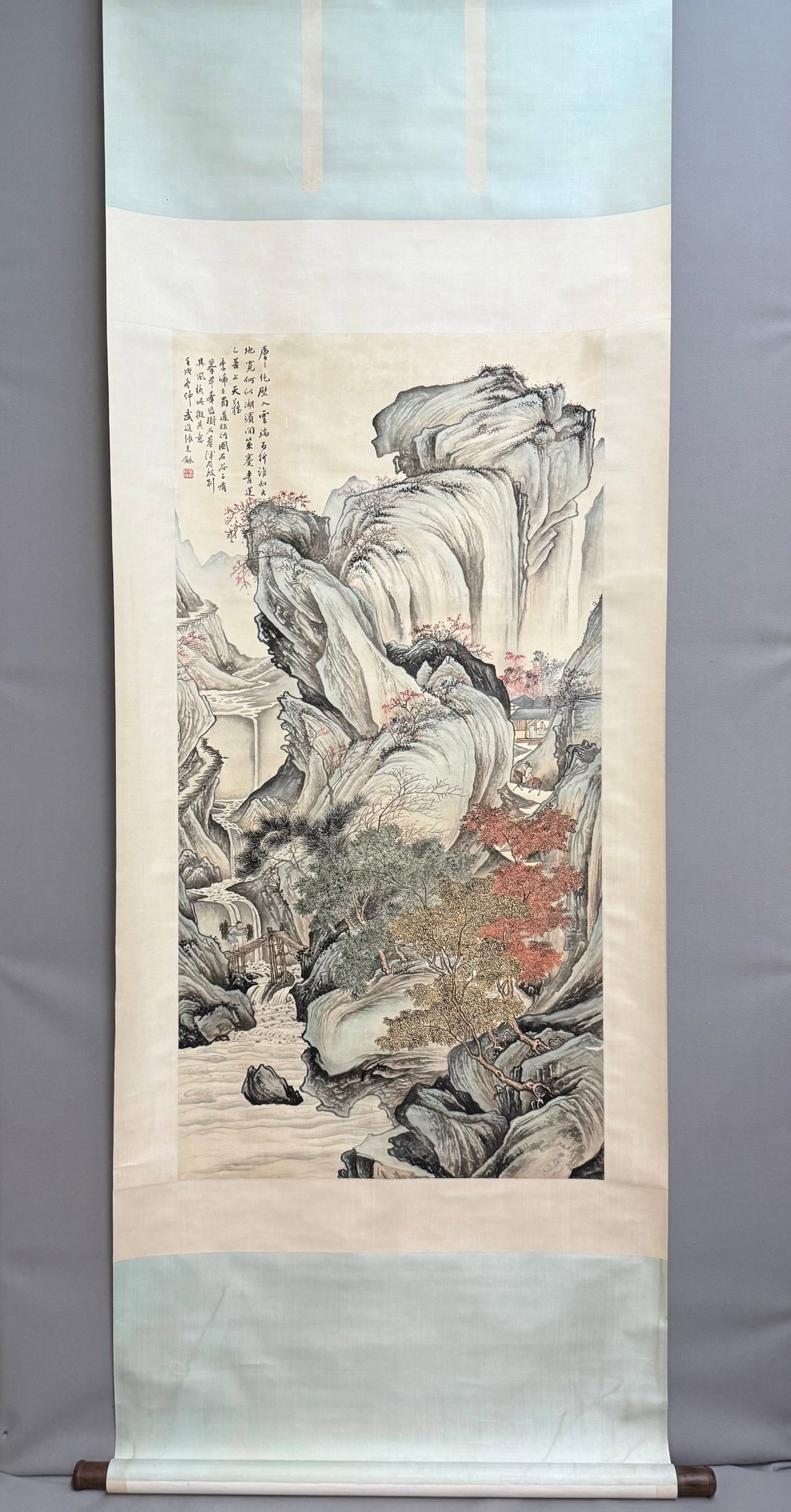 A Chinese Vertical Scroll Ink Painting of Landscape on Paper: A Chinese Vertical Scroll Ink Painting of Landscape on Paper,Zhang Shiyuan,Size:54.3inx27.2in