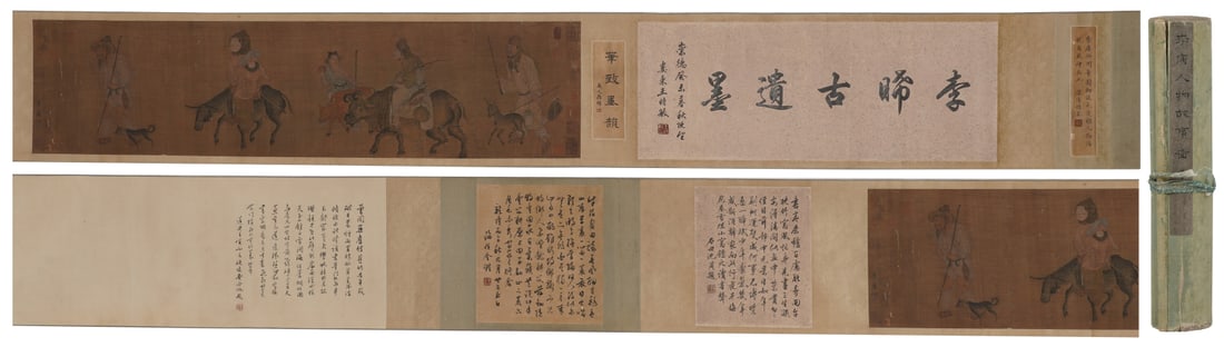A Chinese Hand Scroll Ink Painting of Character and Story on Silk: A Chinese Hand Scroll Ink Painting of Character and Story on Silk,Li Tang,Size:9.8inx126in 一幅中国水墨绢本人物故事画û