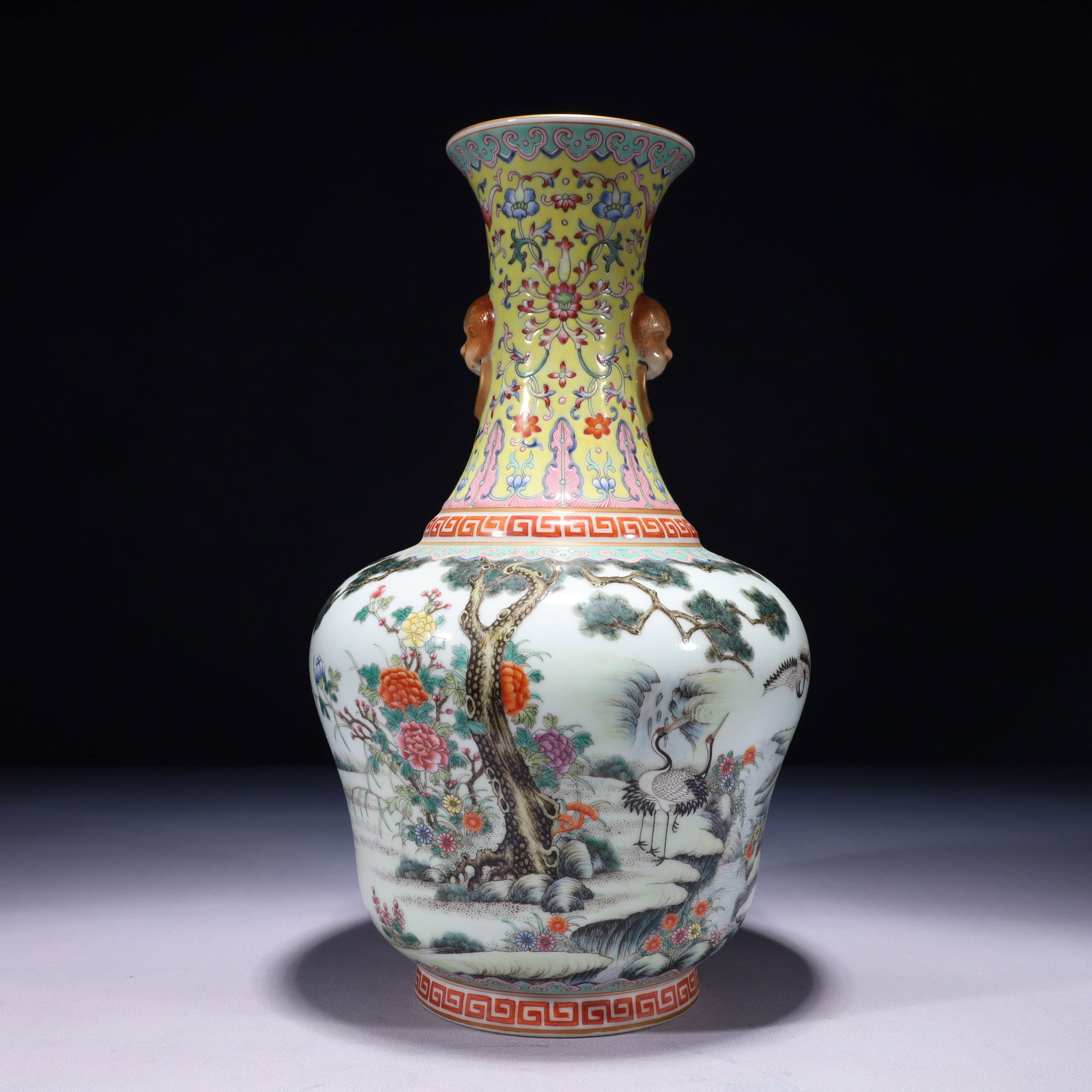 An Exquisite Famille-Rose Painted Gold Pine and Crane Pattern Beast-Ears Vase,with poem: An Exquisite Famille-Rose Painted Gold Pine and Crane Pattern Beast-Ears Vase,with poem,Qing Dynasty,China,Qianlong Six-character Mark,Size:7.1inx13.4in,Weight:2100g 粉彩描金&#