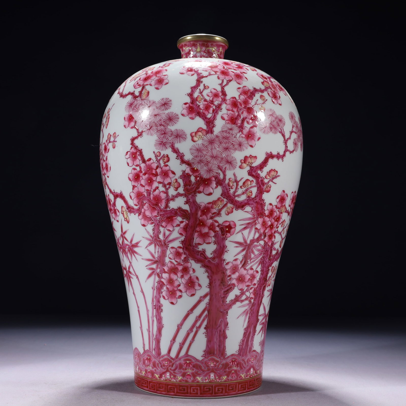 An Exquisite Ruby Red-Glazed Painted Gold Pine,Bamboo and Plum Blossom Pattern Vase: An Exquisite Ruby Red-Glazed Painted Gold Pine,Bamboo and Plum Blossom Pattern Vase,Qing Dynasty,China,Yongzheng Six-character Mark,Size:7.1inx13.8in,Weight:2550g 胭脂红描ŵ