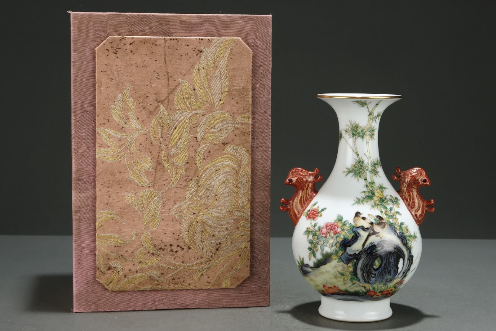 An Exquisite Famille-Rose Painted Gold Flower and Bird Pattern Double-Ears Vase,with poem: An Exquisite Famille-Rose Painted Gold Flower and Bird Pattern Double-Ears Vase,with poem,Qing Dynasty,China,Yongzheng Four-character Mark,Size:7.9inx5.5in 粉彩描金花(