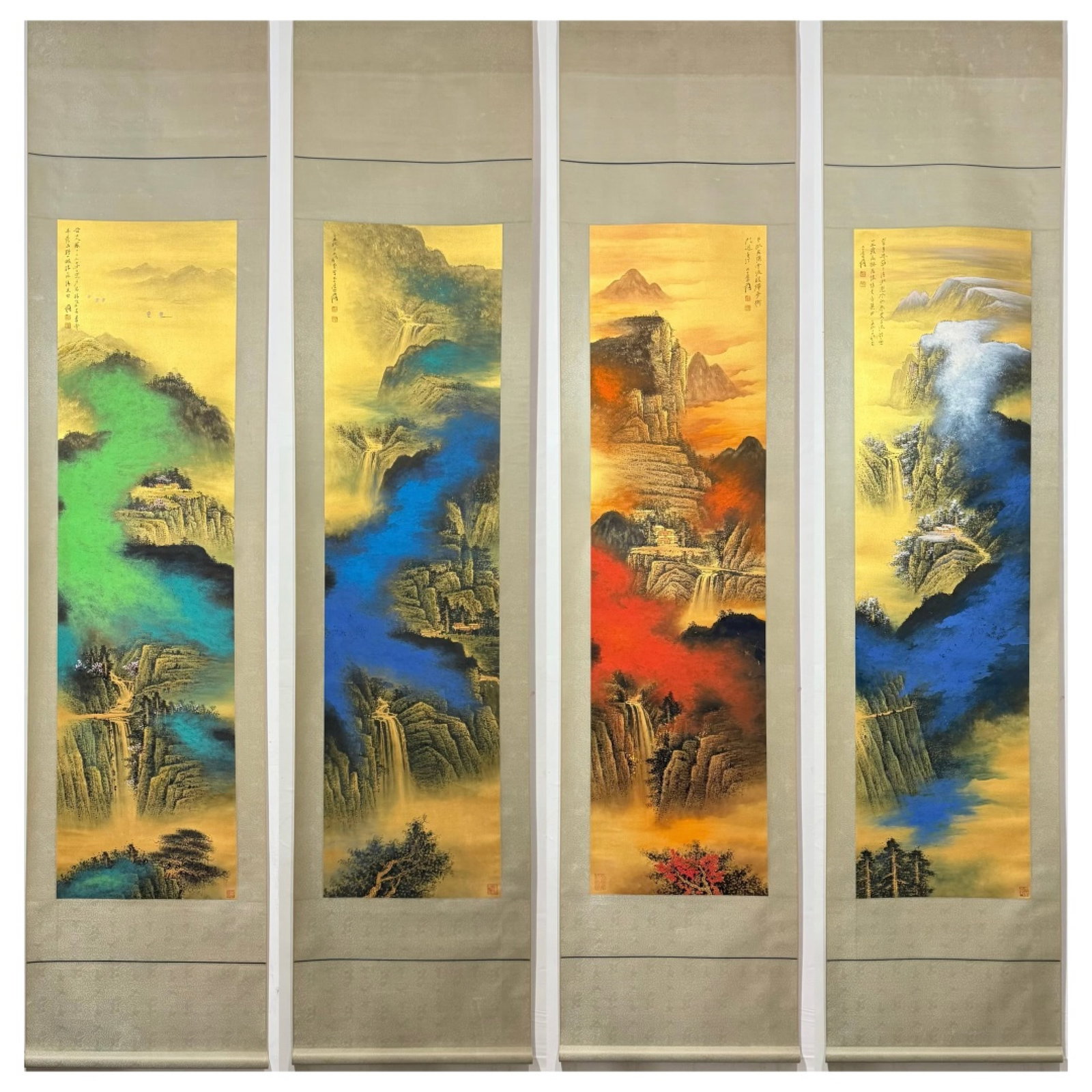 A Set of Chinese Vertical Scroll Ink Painting of Landscape on Paper: A Set of Chinese Vertical Scroll Ink Painting of Landscape on Paper,Zhang Daqian,Size:(entirety)24.8inx102.4in,(Without frame)18.5inx70.1in 一套中国水墨山