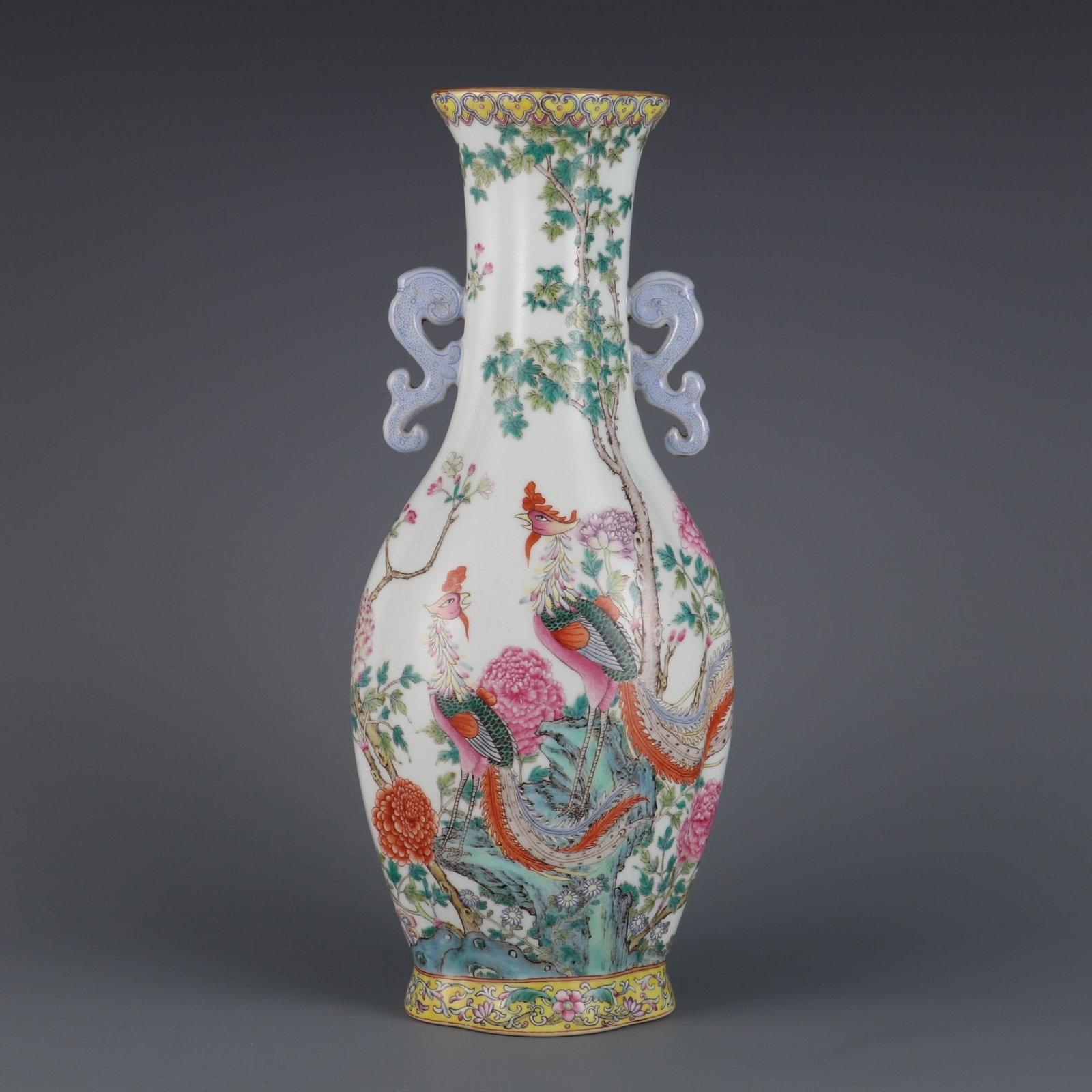 A Rare Famille-Rose Painted Gold Flower and Phoenix Pattern Double-Ears Vase: A Rare Famille-Rose Painted Gold Flower and Phoenix Pattern Double-Ears Vase,Qing Dynasty,China,Qianlong Six-character Mark,Size:13.9inx3.5in 粉彩描金花卉凤&#