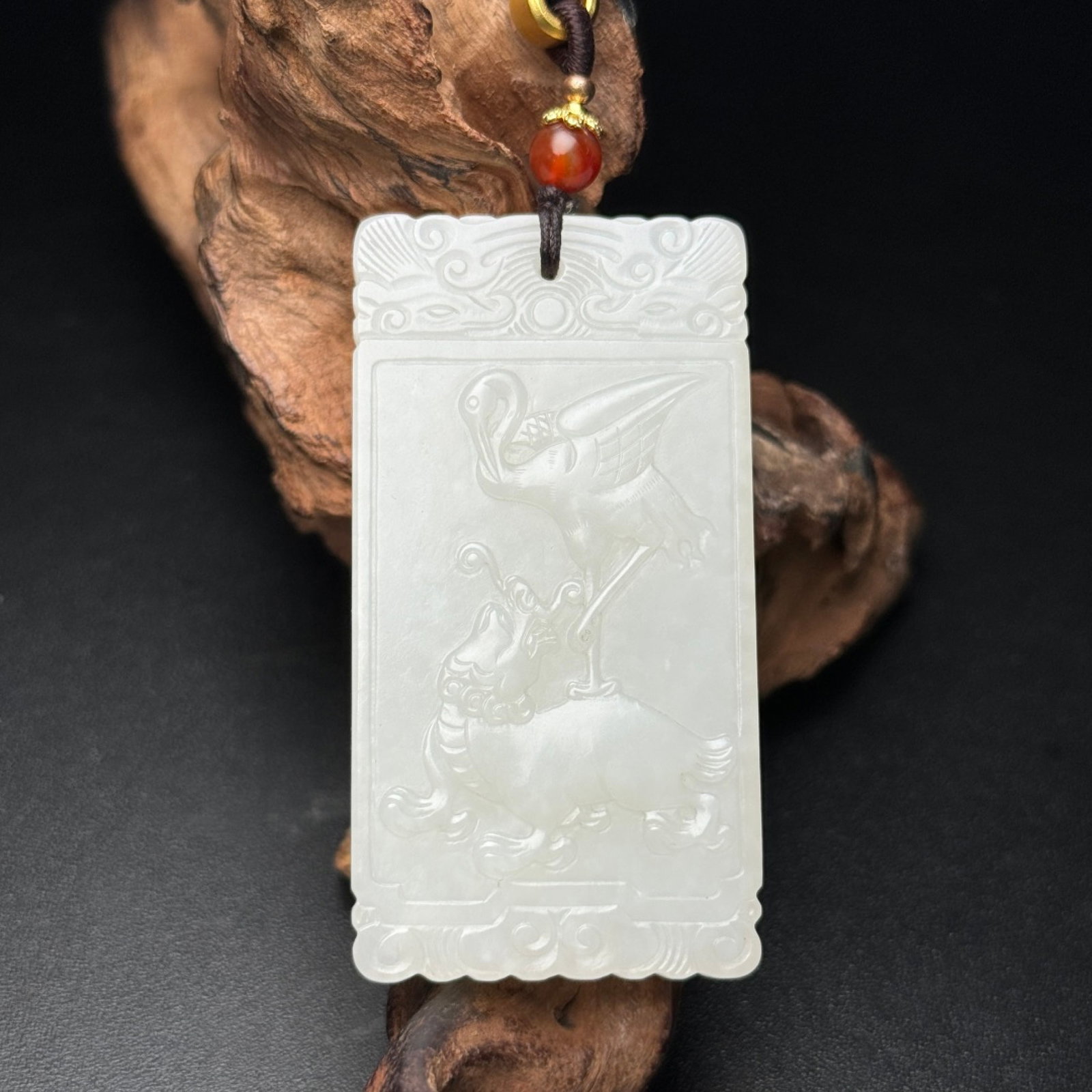 An Exquisite White Jade Turtle Crane Pattern Pendant,with poem (1 of 7)