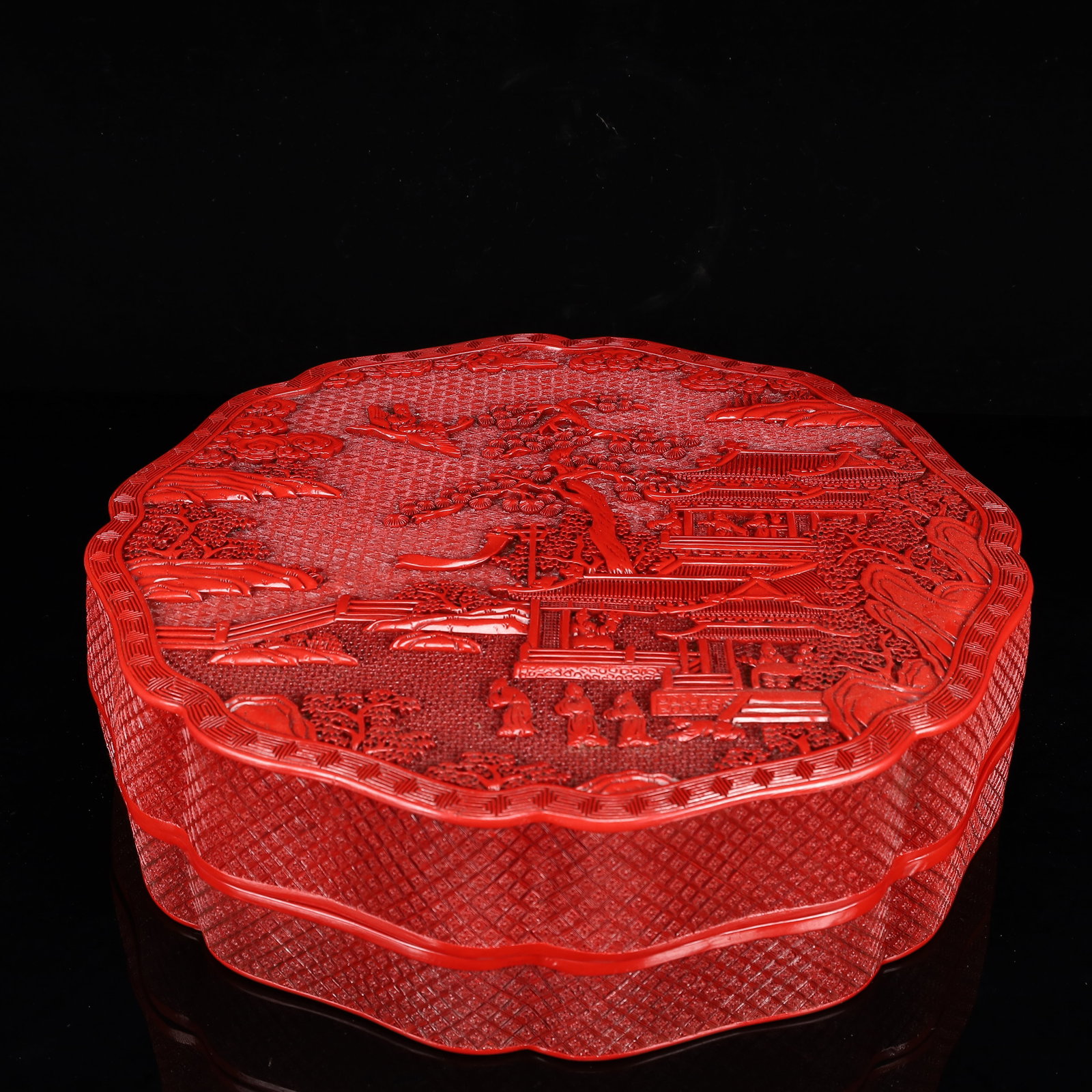 A Huge Carved Red Lacquer Landscape and Figure Pattern Box with Cover: A Huge Carved Red Lacquer Landscape and Figure Pattern Box with Cover,Qing Dynasty, China,With an Imperial Poem by Emperor Qianlong,Size:16.1inx4.7in,Weight:4450g ???????????,????,??????