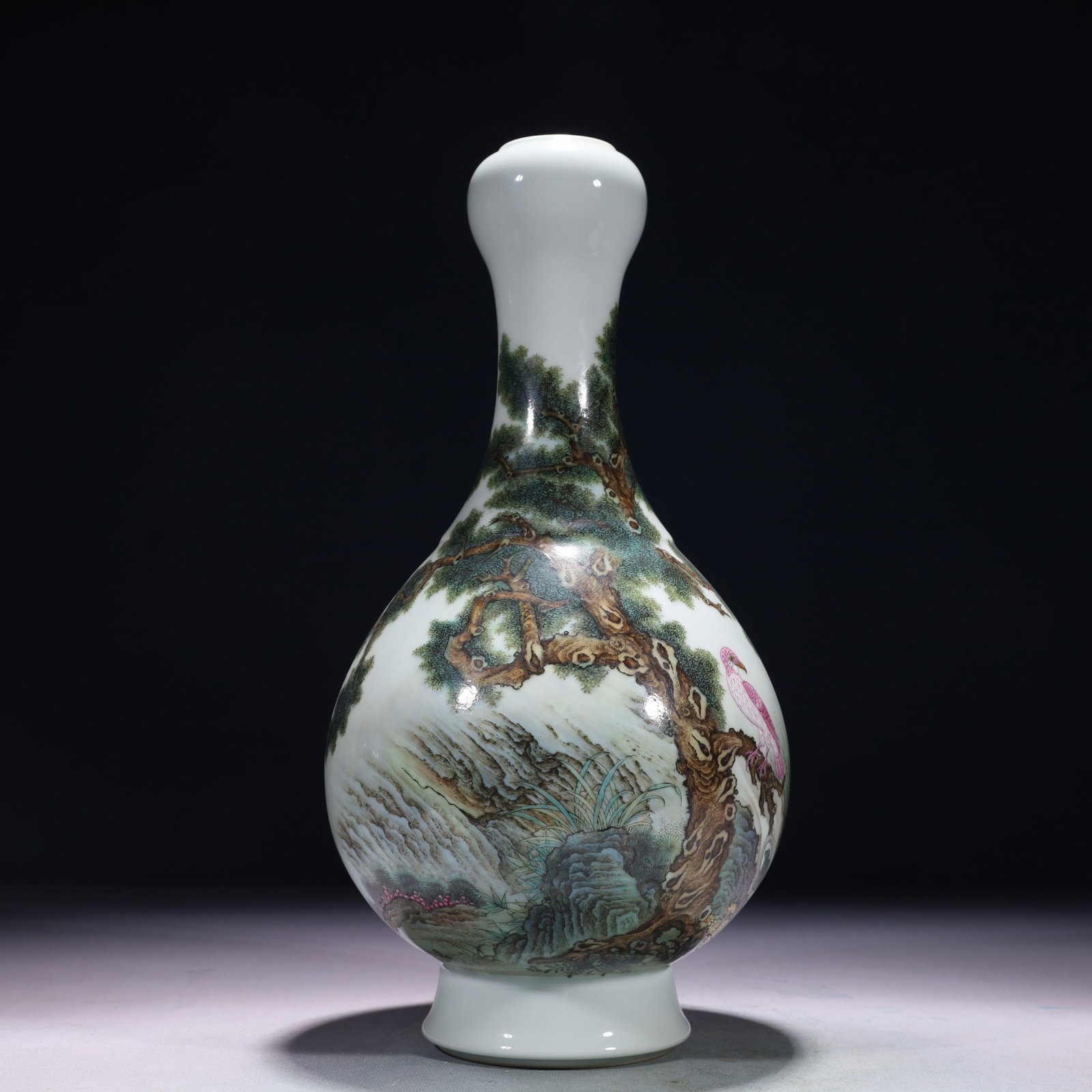 An Exquisite Enamel Pine and Eagle Pattern Vase,with poem: An Exquisite Enamel Pine and Eagle Pattern Vase,with poem,Qing Dynasty,China,Qianlong Six-character Mark,Size:5.9inx14.2in,Weight:1750g 珐琅彩松鹰纹瓶,带