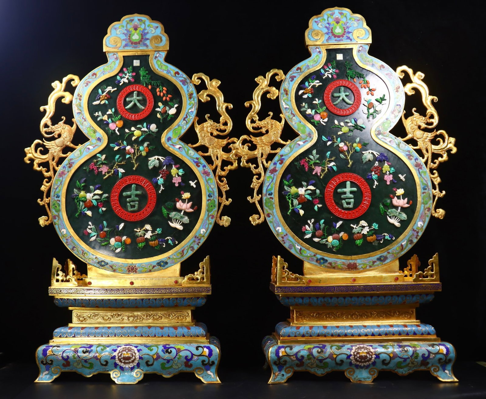 A Pair of Exquisite Cloisonne Inlaid Jasper Flower Pattern Double-Ears Screens,Inlaid Gems,with an: A Pair of Exquisite Cloisonne Inlaid Jasper Flower Pattern Double-Ears Screens,Inlaid Gems,with an Imperial Poem by Emperor Qianlong,Qing Dynasty,China,Qianlong Four-character Mark,Size:29.5inx18.1inx