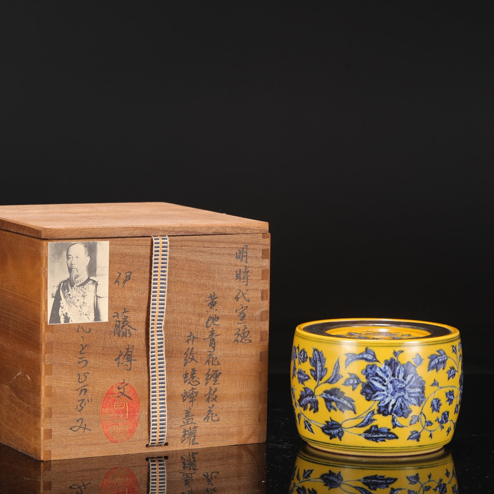 An Exquisite Yellow Ground Blue and White Lotus Pattern Jar with Cover: An Exquisite Yellow Ground Blue and White Lotus Pattern Jar with Cover,Ming Dynasty,China,Xuande Six-character Mark,Size:3.9inx5.1in ??????????,????,?????