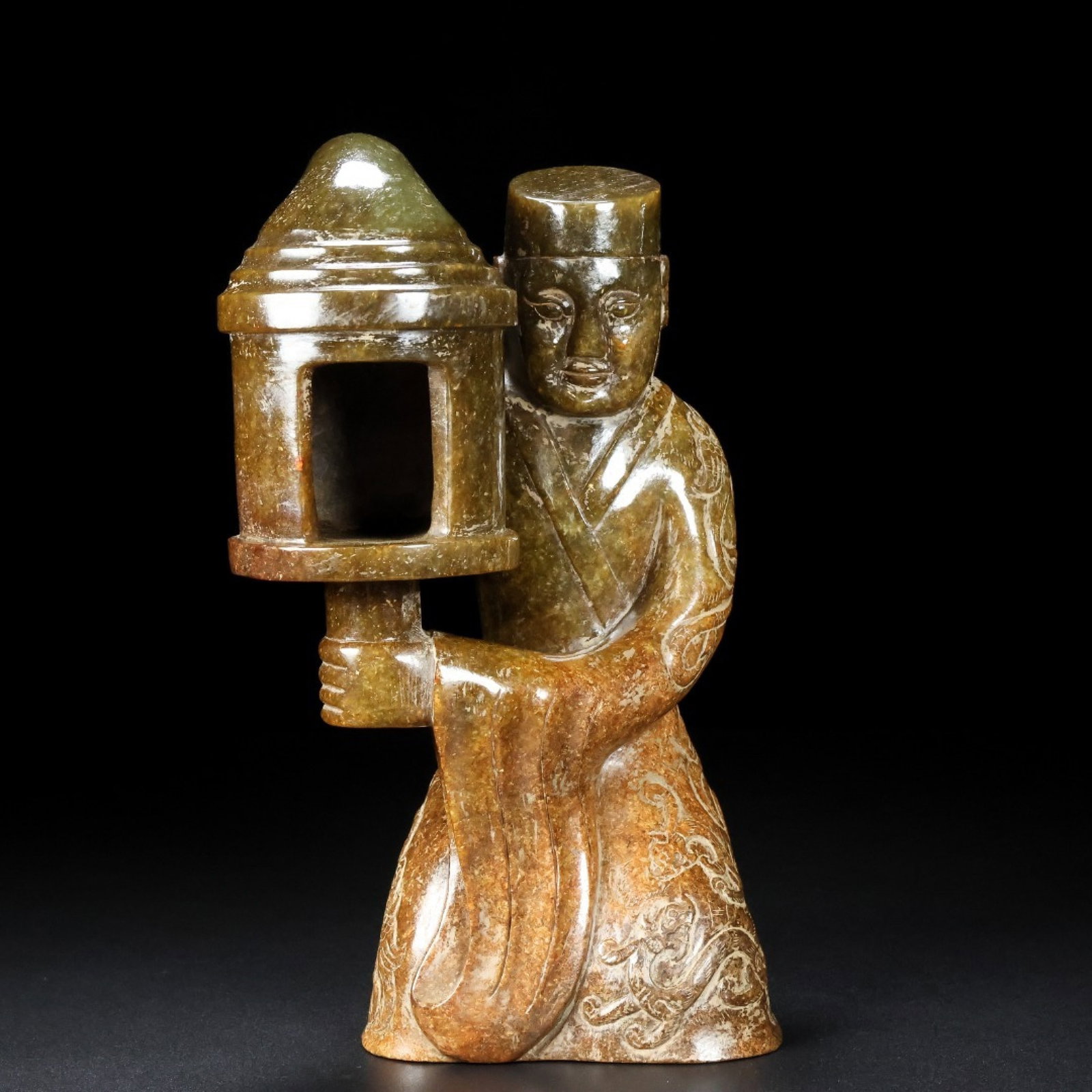 An Exquisite Archaic Jade Figure Palace Lantern: An Exquisite Archaic Jade Figure Palace Lantern,Ancient Time,China,Size:8.7inx4.8inx3.3in,Weight:2566g 高古玉人物宫灯,中国远古时