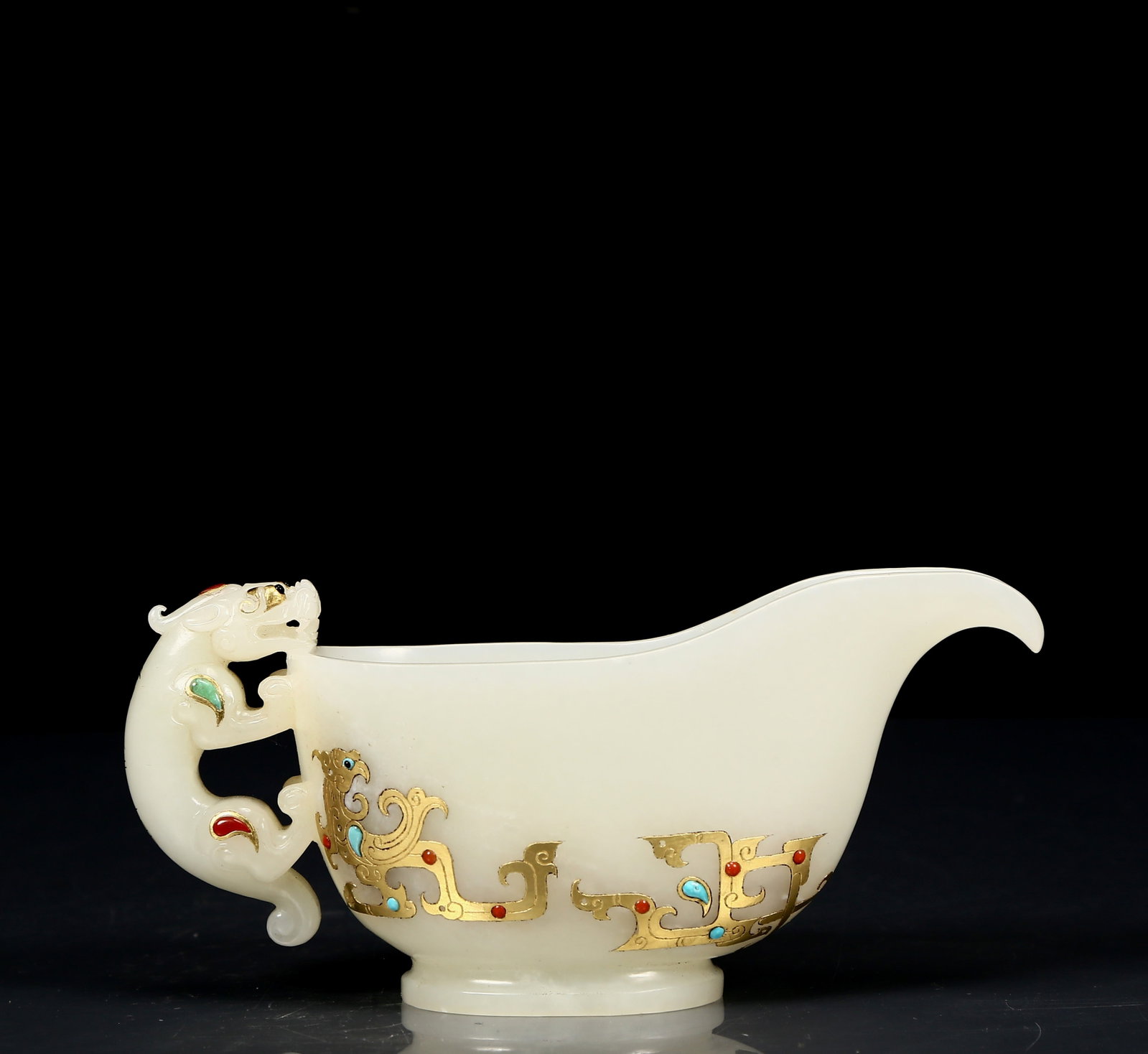 An Exquisite White Jade Inlaid Turquoise Dragon and Phoenix Pattern Goblet (1 of 8)