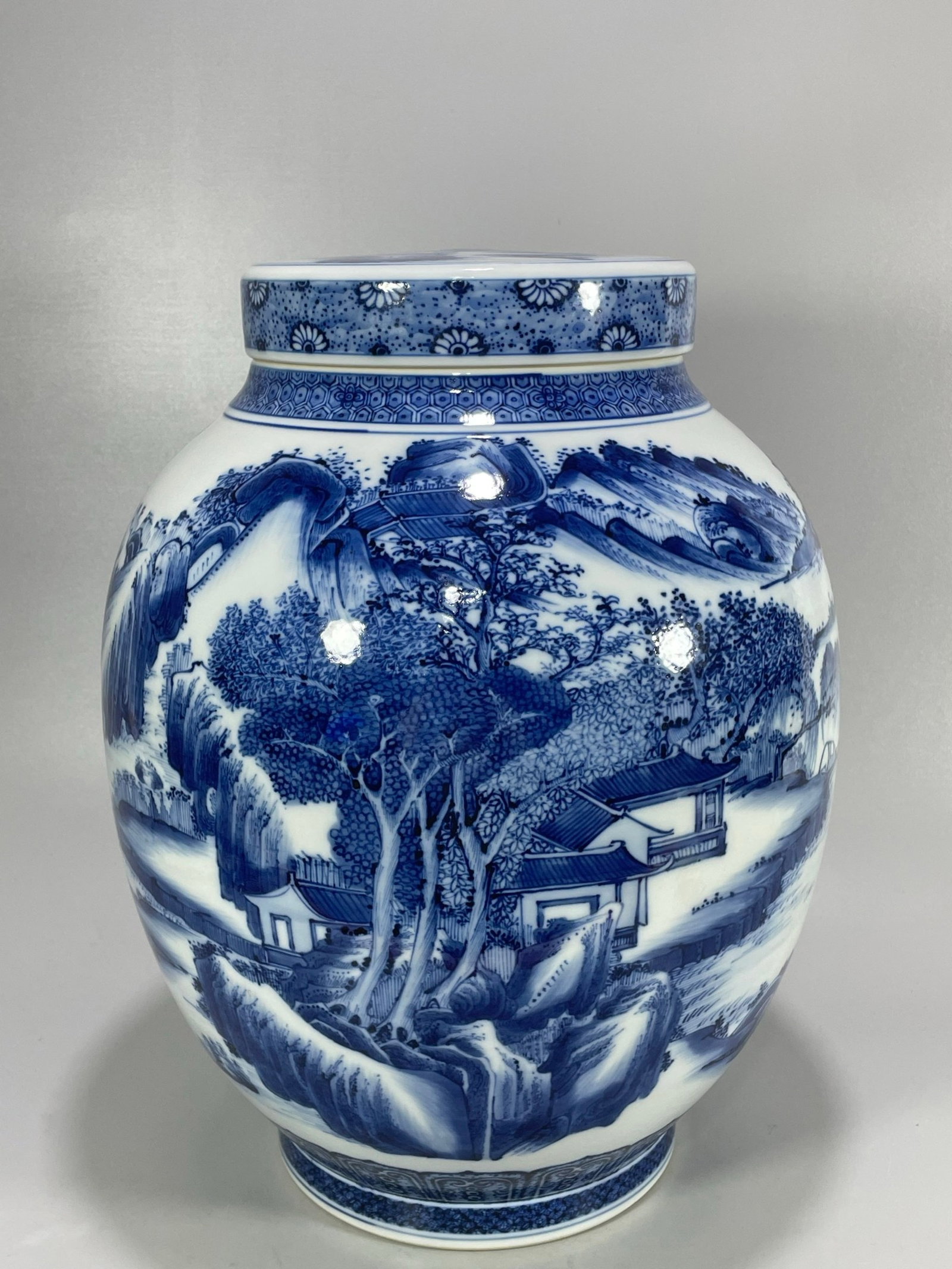 A Rare Blue and White Landscape and Figure Pattern Jar with Cover: A Rare Blue and White Landscape and Figure Pattern Jar with Cover,Qing Dynasty,China,Qianlong Six-character Mark,Size:14.5inx11.2in ?????????,????,?????