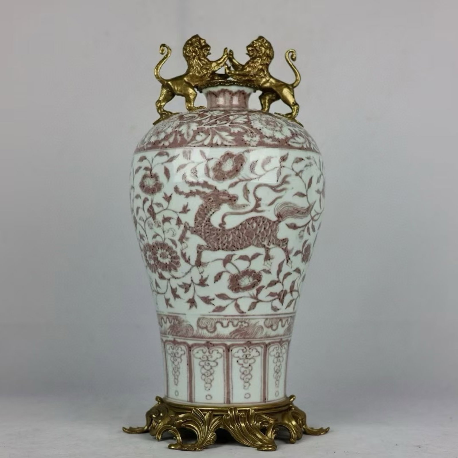 A Huge Underglaze-Red Inlaid Bronze Dragon and Phoenix Pattern Lion-Ears Vase: A Huge Underglaze-Red Inlaid Bronze Dragon and Phoenix Pattern Lion-Ears Vase,Qing Dynasty,China,Size:18.9inx8.3in 釉里红镶铜龙凤纹狮耳ī