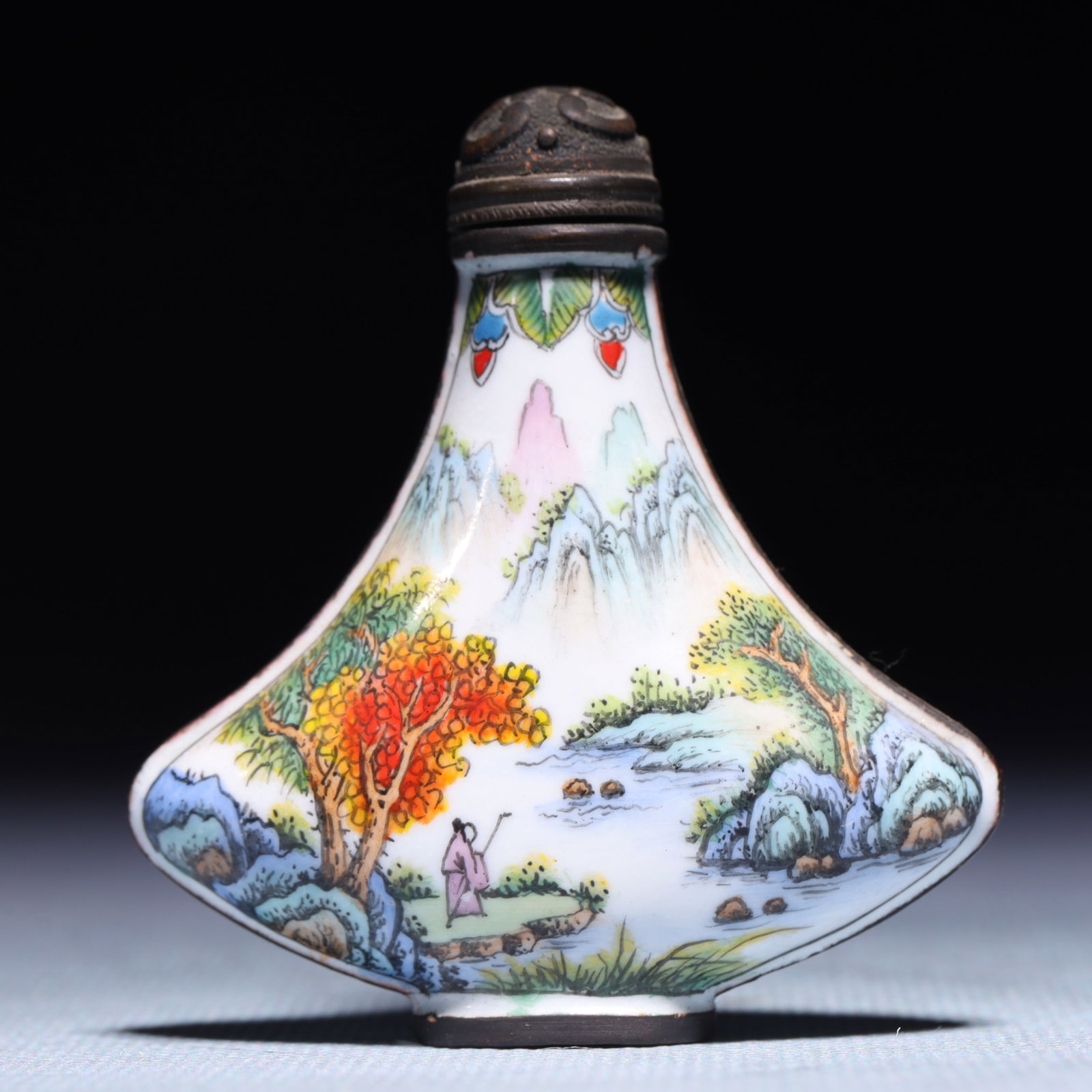 An Exquisite Painted Enamel Landscape and Figure Pattern Snuff Bottle: An Exquisite Painted Enamel Landscape and Figure Pattern Snuff Bottle,Qing Dynasty,China,Qianlong Four-character Mark,Size:2.2inx0.6inx2.4in,Weight:45.6g