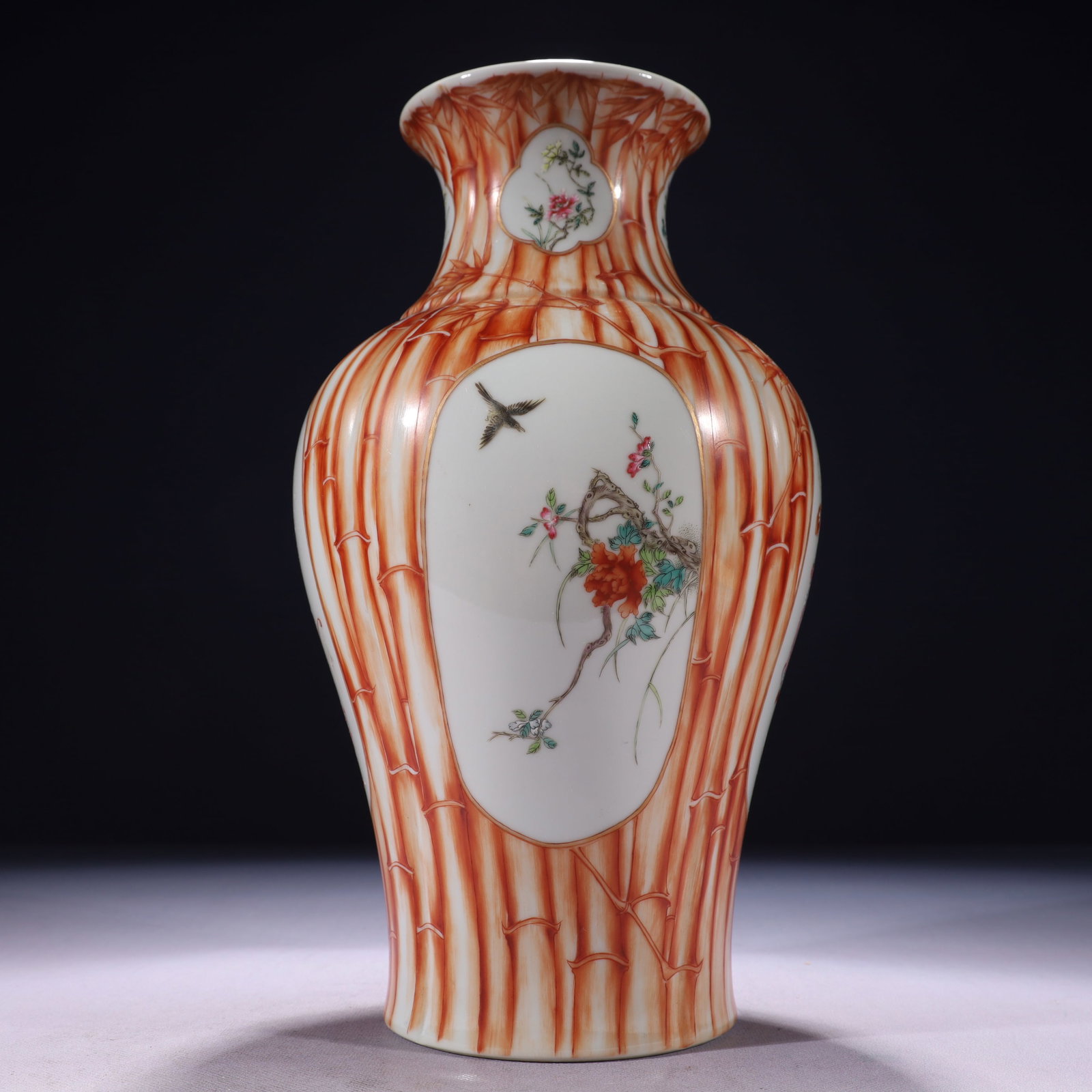 An Exquisite Imitation Wood Grain Glazed Famille-Rose Flower and Bird Pattern Vase: An Exquisite Imitation Wood Grain Glazed Famille-Rose Flower and Bird Pattern Vase,Qing Dynasty,China,Qianlong Six-character Mark,Size:6.7inx13in,Weight:2550g 木纹釉粉彩&