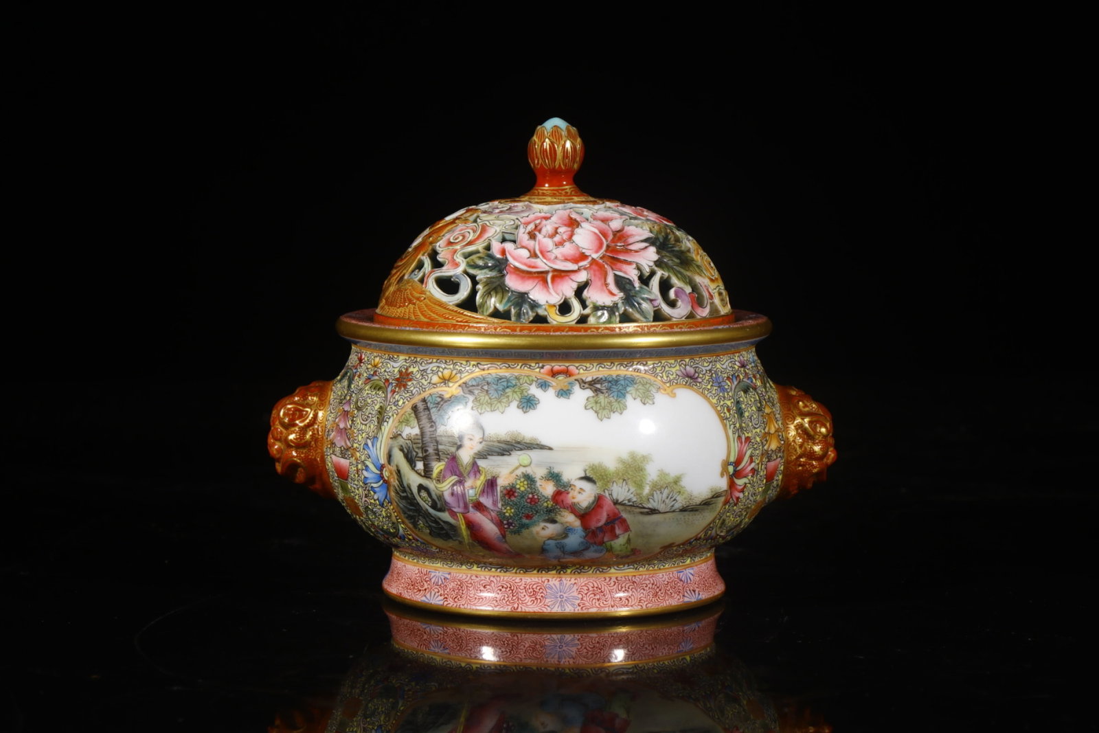 An Exquisite Enamel Painted Gold Character and Story Pattern Beast-Ears Censer: An Exquisite Enamel Painted Gold Character and Story Pattern Beast-Ears Censer,Qing Dynasty,China,Qianlong Four-character Mark,Size:4.7inx4.1in