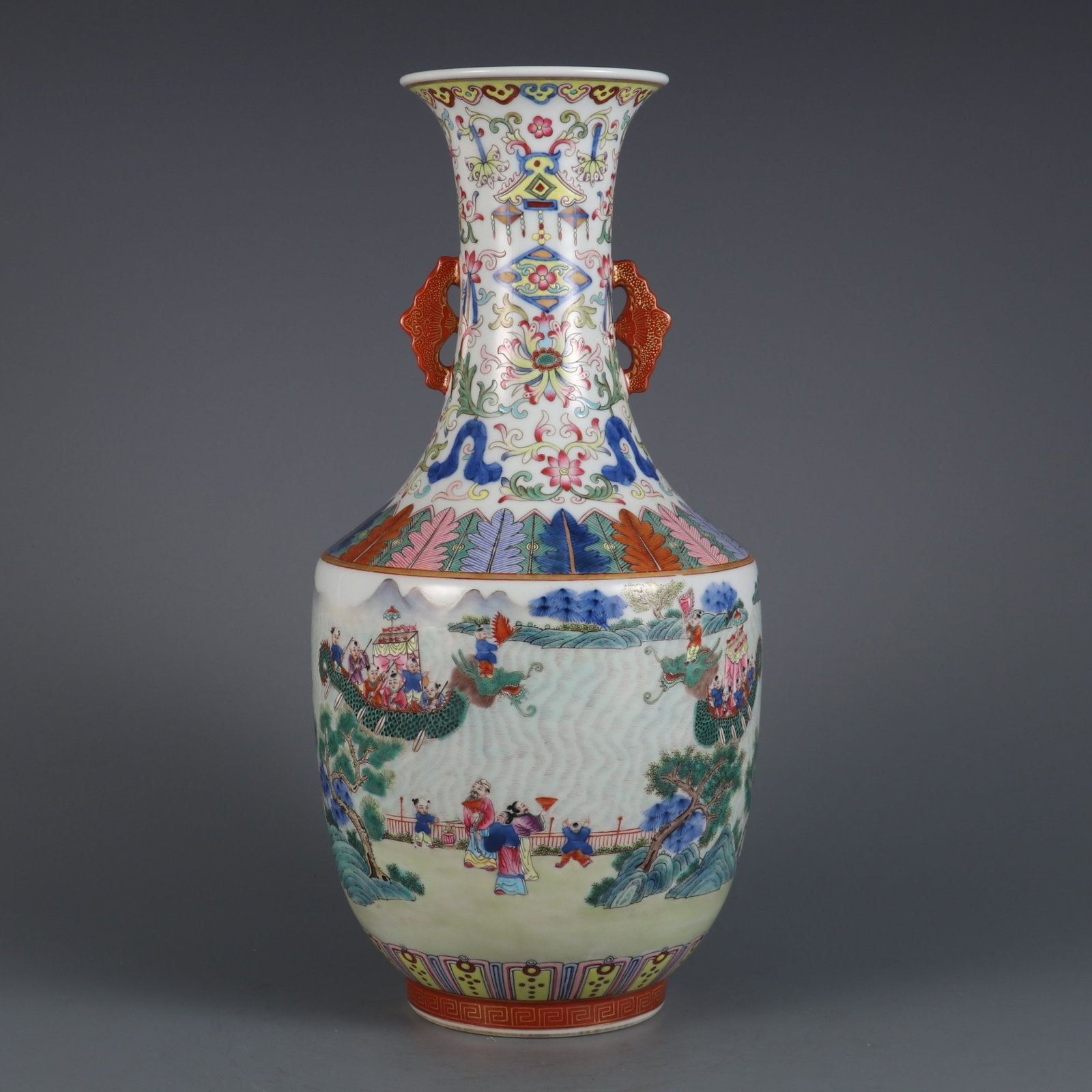 A Rare Blue and White Jiacai Character and Story Pattern Double-Ears Vase: A Rare Blue and White Jiacai Character and Story Pattern Double-Ears Vase,Qing Dynasty,China,Jiaqing Six-character Mark,Size:13.1inx5.9in 青花加彩人物故ߚ