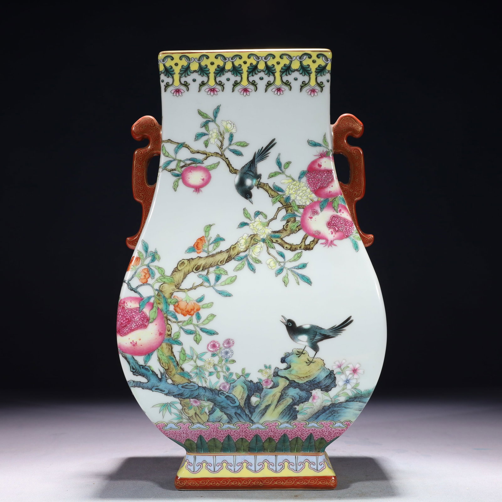 An Exquisite Famille-Rose Flower and Bird Pattern Double-Ears Vase,with poem: An Exquisite Famille-Rose Flower and Bird Pattern Double-Ears Vase,with poem,Qing Dynasty,China,Qianlong Six-character Mark,Size:7.1inx4.3inx12.6in,Weight:2950g