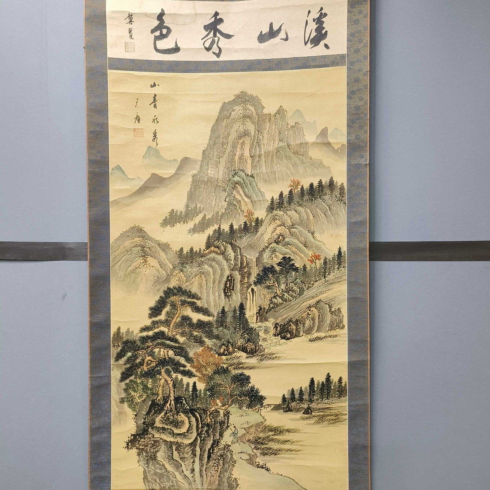 A Chinese Vertical Scroll Ink Painting of Landscape on Paper: A Chinese Vertical Scroll Ink Painting of Landscape on Paper,Zhang Xian,Size:19.3inx34.3in 一幅中国水墨山水画立轴,张夕