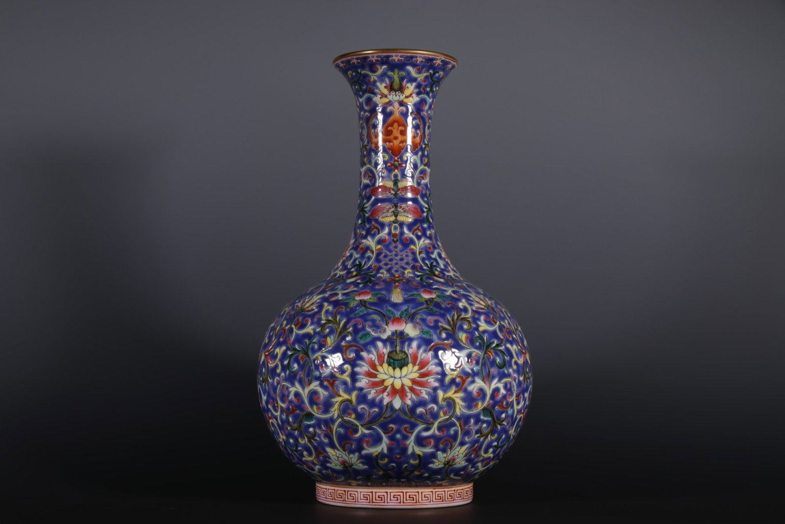 An Exquisite Blue Ground Enamel Painted Gold Lotus Pattern Vase: An Exquisite Blue Ground Enamel Painted Gold Lotus Pattern Vase,Qing Dynasty,China,Qianlong Six-character Mark,Size:3.5inx12.2in ????????????,????,?????