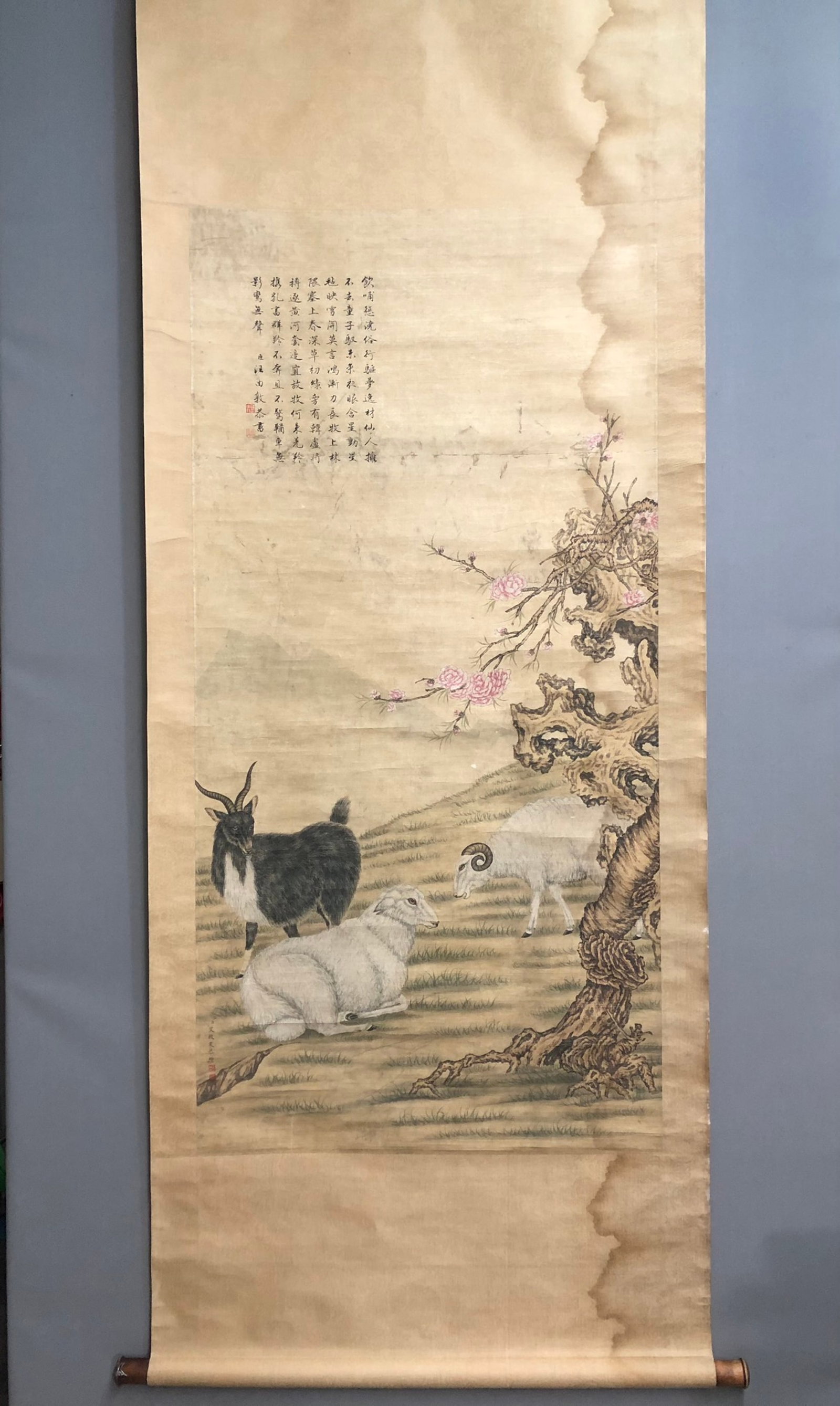 A Chinese Vertical Scroll Ink Painting of Sheep on Paper: A Chinese Vertical Scroll Ink Painting of Sheep on Paper,Ai Qimeng,Size:50.8inx24.8in 一幅中国水墨羊画立轴,艾启蒙