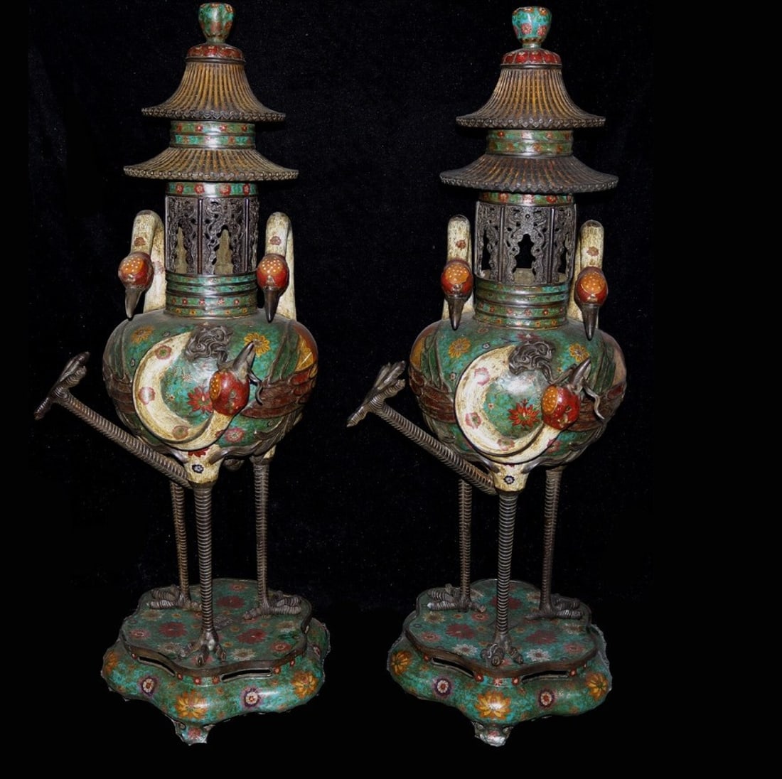 A Pair of Huge Cloisonne Crane Pattern Censers: A Pair of Huge Cloisonne Crane Pattern Censers,Qing Dynasty,China,Qianlong Six-Character Mark,Size:52inx26.4in*2,Weight:78.5kg 一对景泰蓝仙鹤纹香&