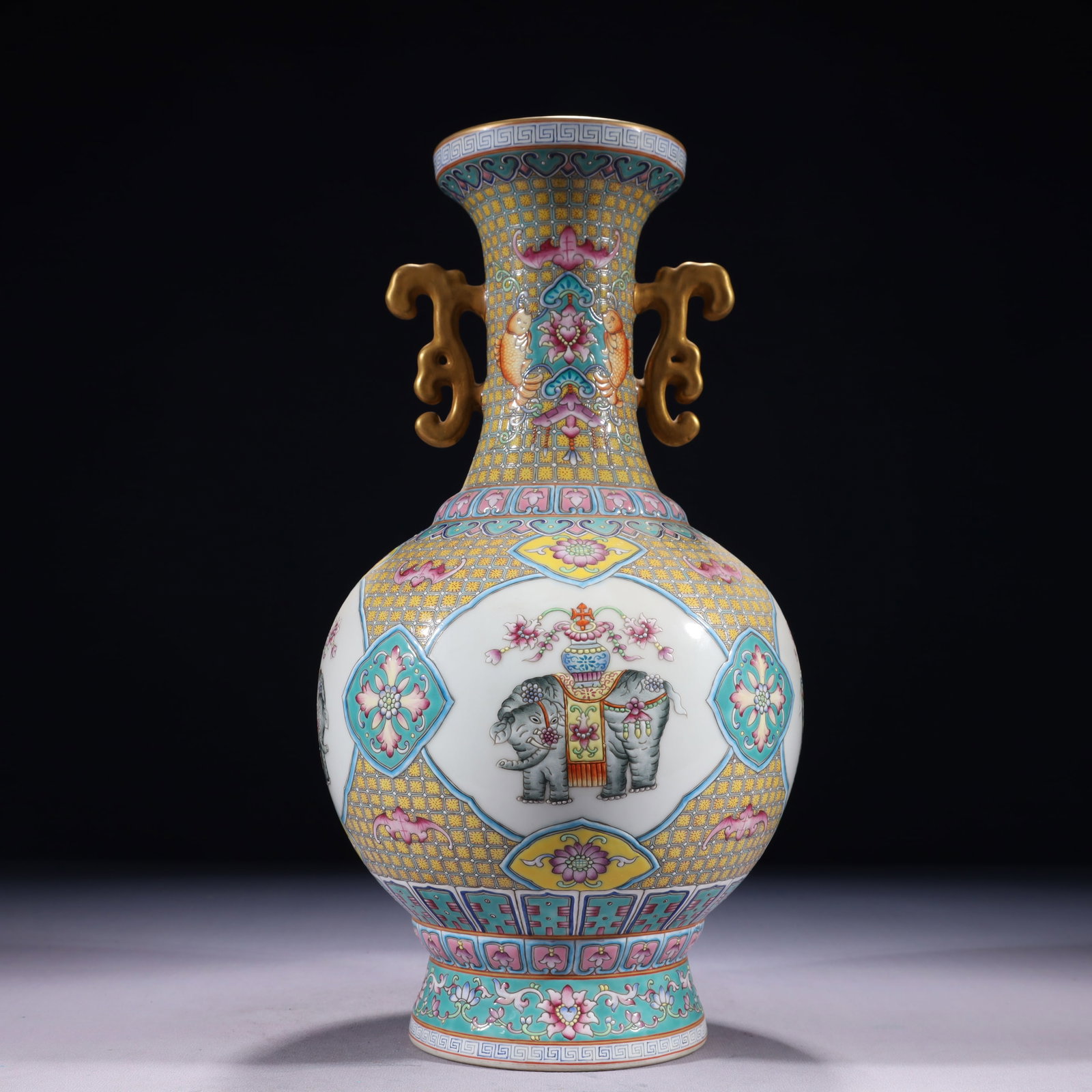 An Exquisite Yellow Ground Famille-Rose Painted Gold Flower Pattern Double-Ears Vase (1 of 13)