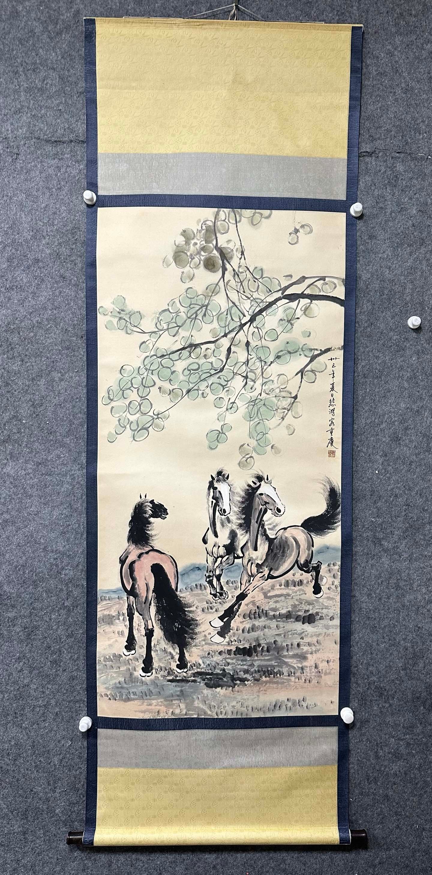 A Chinese Vertical Scroll Ink Painting of Horse on Paper,Xu Beihong: A Chinese Vertical Scroll Ink Painting of Horse on Paper,Xu Beihong,Size:(Without frame)26.2inx53.9in 一幅中国水墨骏马图立轴,徐&