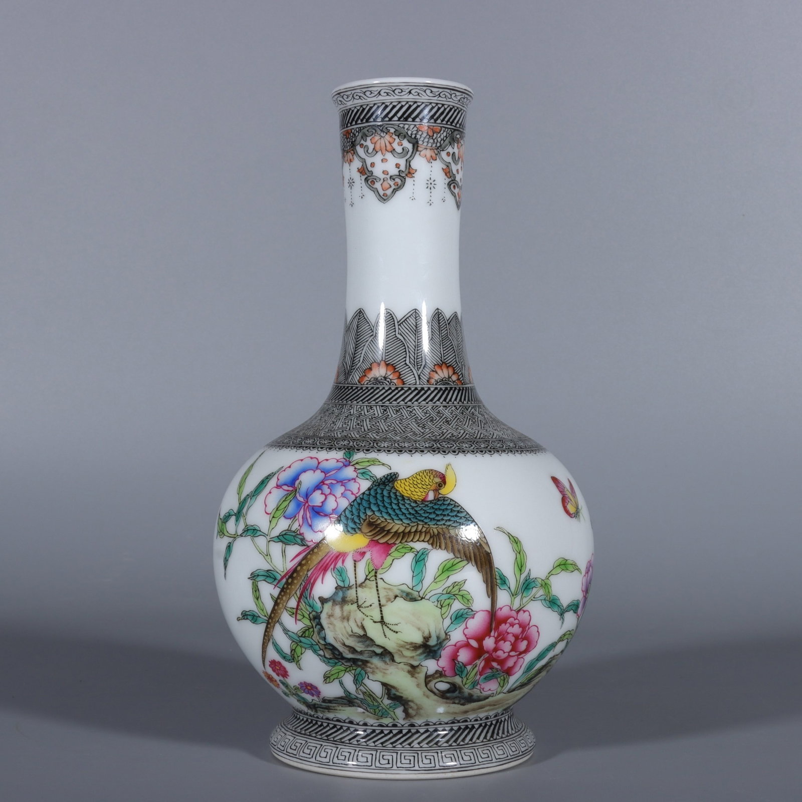 An Exquisite Enamel Ink Color Flower and Bird Pattern Vase,with poem: An Exquisite Enamel Ink Color Flower and Bird Pattern Vase,with poem,Qing Dynasty,China,Yongzheng Four-character Mark,Size:7.9inx3.1in 珐琅彩墨彩花鸟纹&