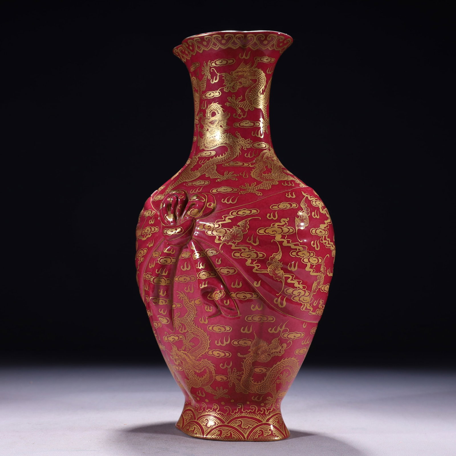 An Exquisite Ruby Red-Glazed Painted Gold Auspicious Cloud and Dragon Pattern Vase - 4