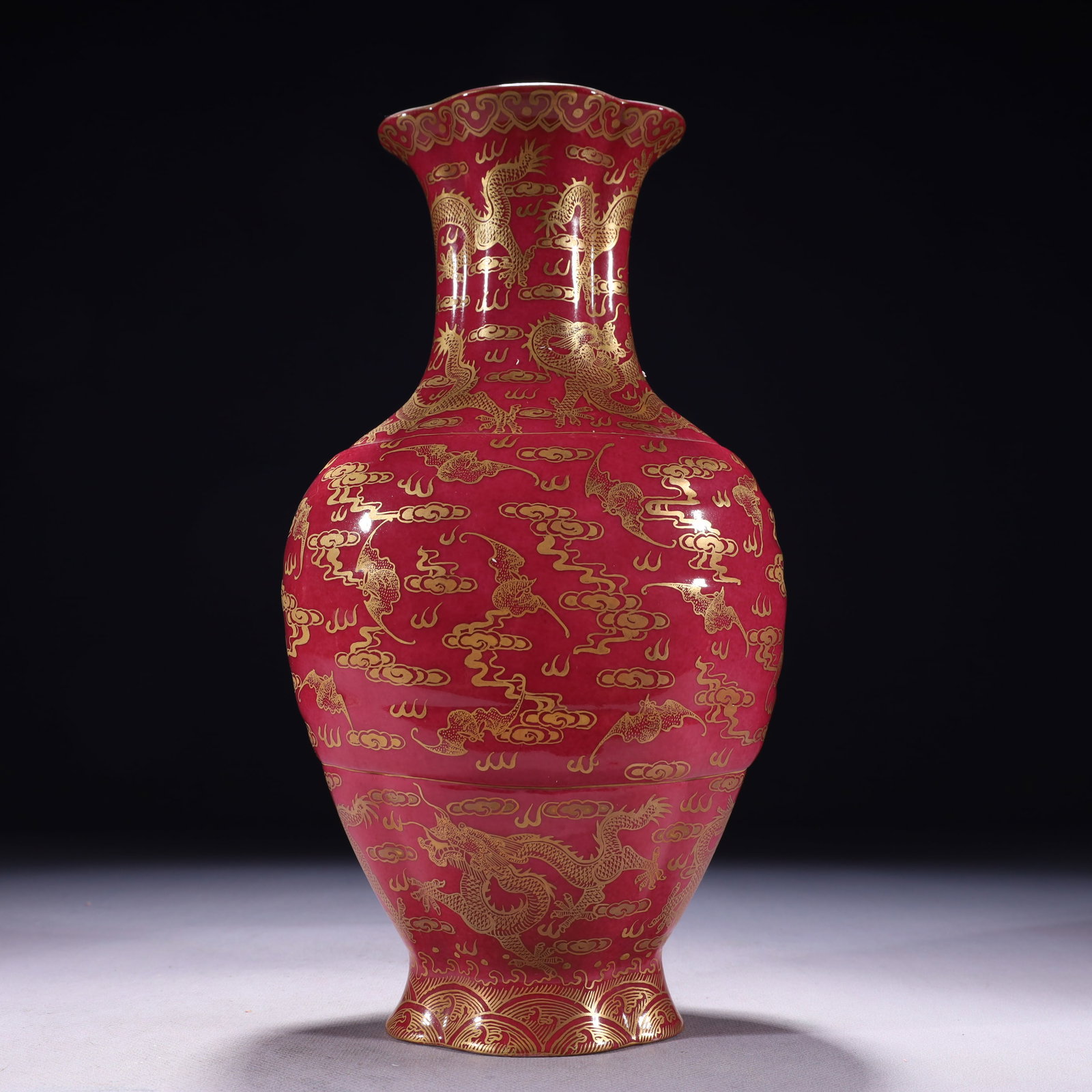 An Exquisite Ruby Red-Glazed Painted Gold Auspicious Cloud and Dragon Pattern Vase - 9