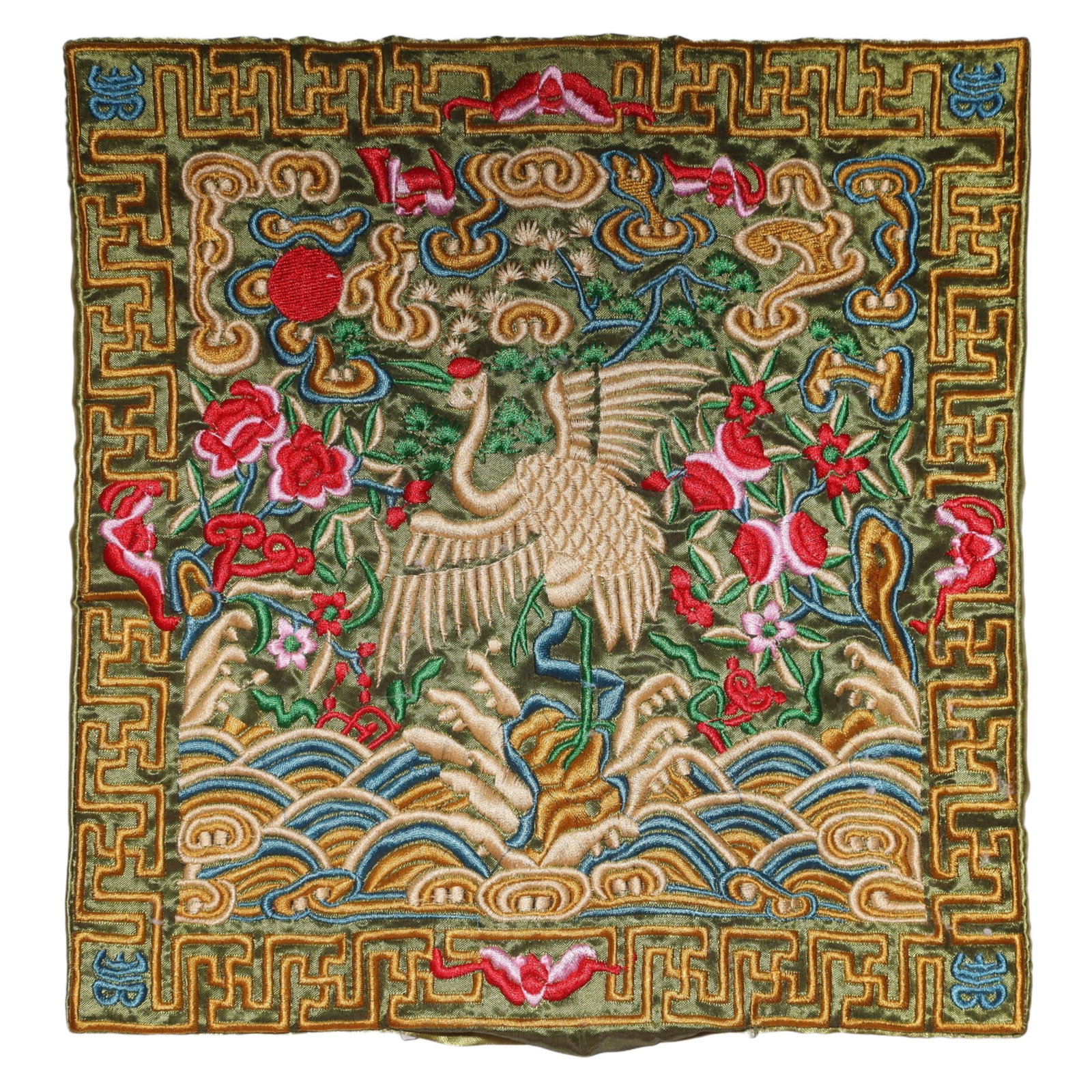 An Exquisite Embroidery Crane Pattern Civil Official Rank Badges: An Exquisite Embroidery Crane Pattern Civil Official Rank Badges,Qing Dynasty,China,Size:10.2inx10.2in 刺绣仙鹤官补,中国清代