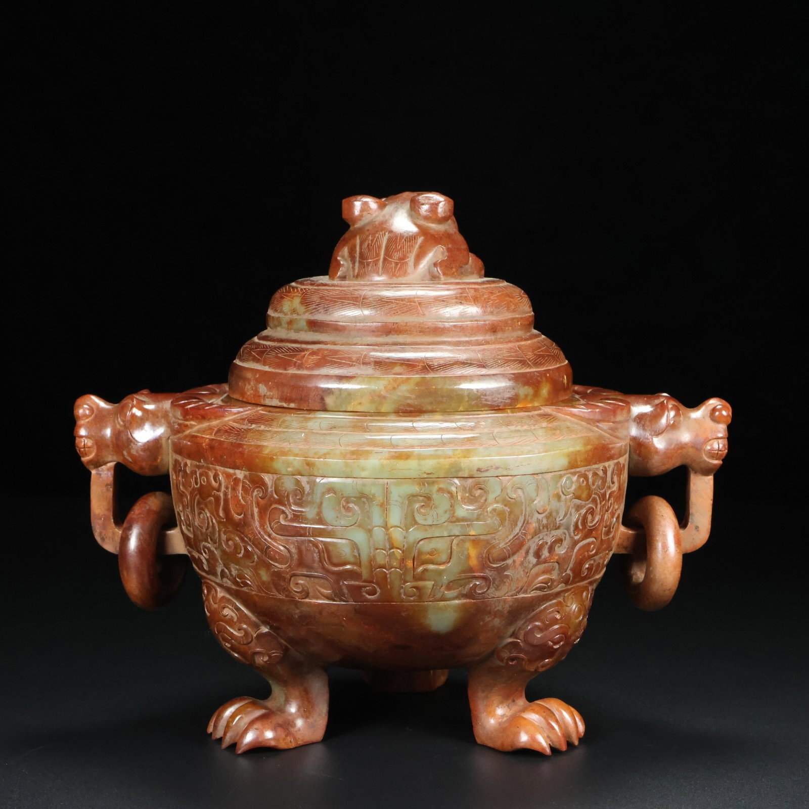 An Exquisite White Jade Beast-Face Pattern Double-Ears and Tripod Censer: An Exquisite White Jade Beast-Face Pattern Double-Ears and Tripod Censer,Qing Dynasty,China,Size:6.7inx8.1inx5.6in,Weight:1250g 白玉兽面纹双耳三足