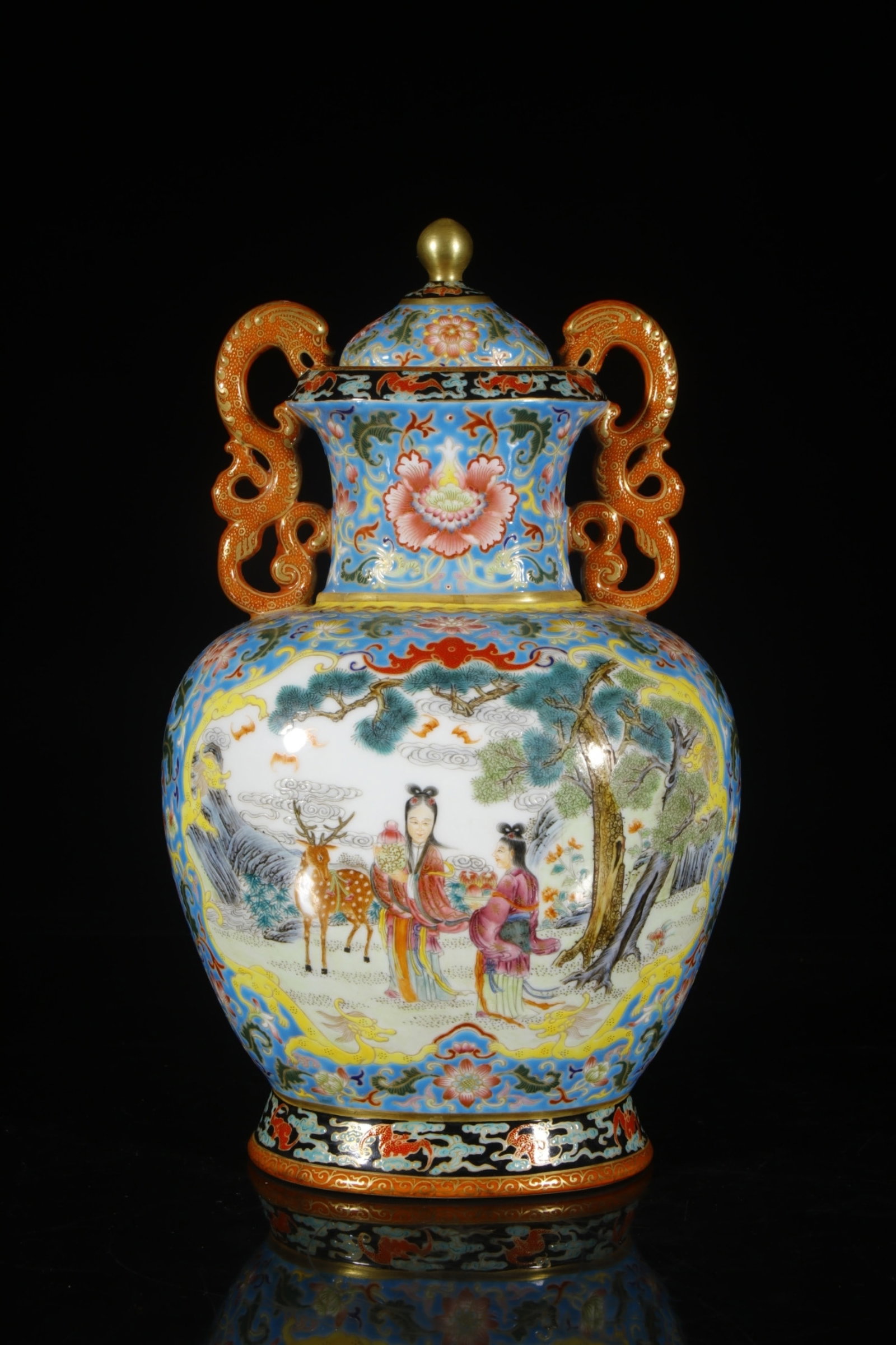 A Rare Blue Ground Enamel Character and Story Pattern Double-Ears Jar with Cover: A Rare Blue Ground Enamel Character and Story Pattern Double-Ears Jar with Cover,Qing Dynasty,China,Qianlong Four-character Mark,Size:12.4inx5.1in 蓝地珐琅彩人Ĥ