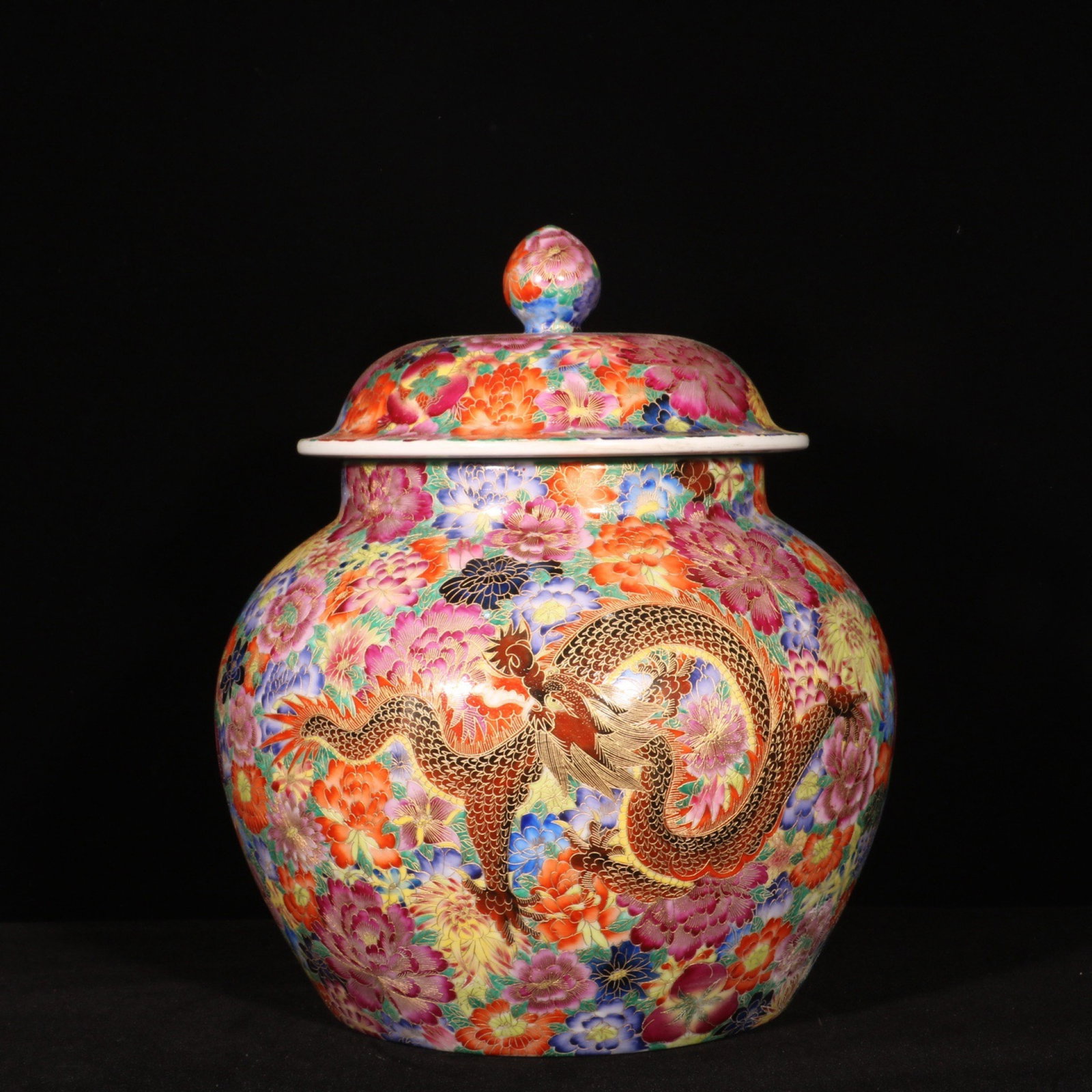 A Rare Enamel Painted Gold Flower and Phoenix Pattern Jar with Cover: A Rare Enamel Painted Gold Flower and Phoenix Pattern Jar with Cover,Qing Dynasty,China,Qianlong Six-character Mark,Size:12.6inx10.8in 珐琅彩描金花卉凤&