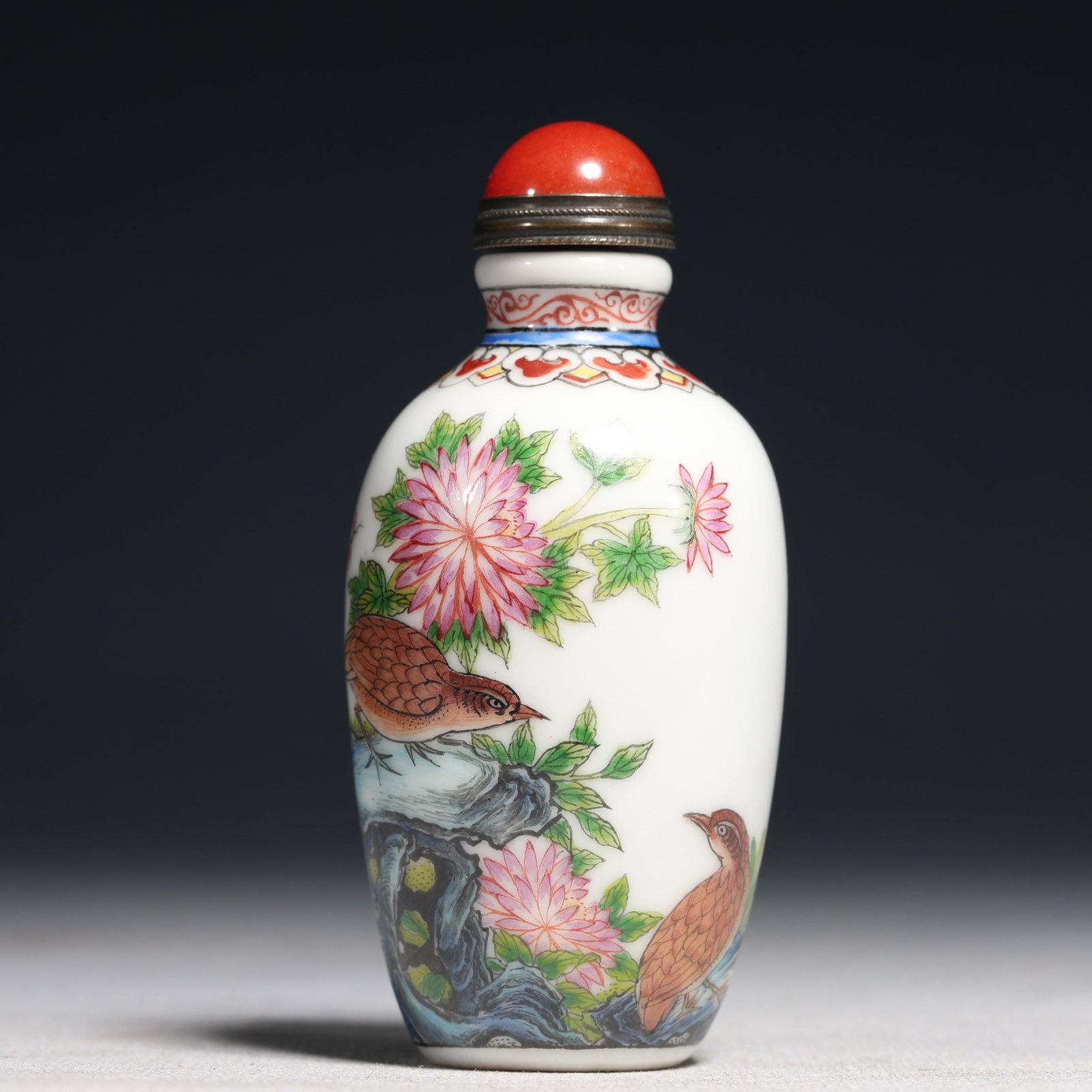 An Exquisite Painted Enamel Flower and Bird Pattern Porcelain Snuff Bottle (1 of 6)