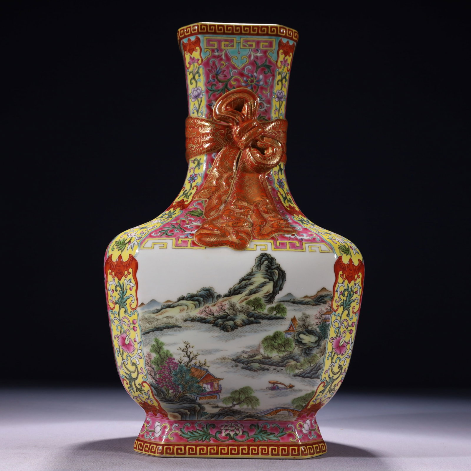 An Exquisite Yellow Ground Enamel Painted Gold Landscape Pattern Vase,with poem: An Exquisite Yellow Ground Enamel Painted Gold Landscape Pattern Vase,with poem,Qing Dynasty,China,Qianlong Six-character Mark,Size:7.5inx6.7inx14.2in,Weight:3300g 黄地珐琅