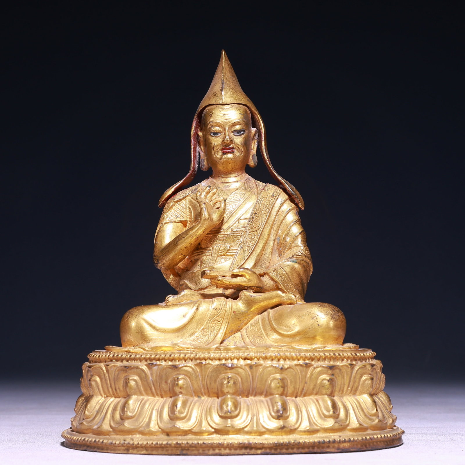 A Solemn Gilt Bronze Statue of Tsongkhapa: A Solemn Gilt Bronze Statue of Tsongkhapa,Qing Dynasty,China,Size:6.1inx4.7inx7.9in,Weight:1650g 铜鎏金宗喀巴像,中国清代