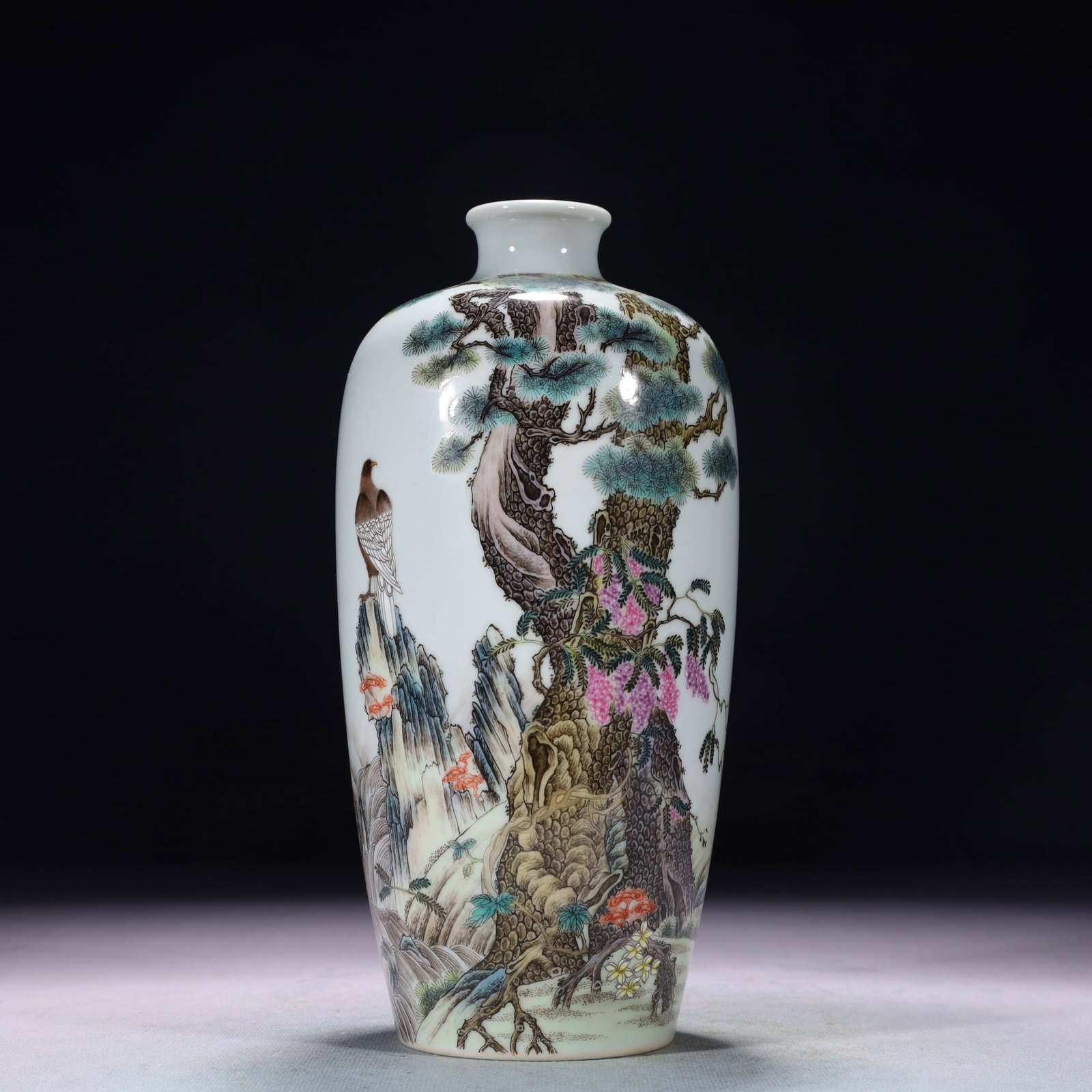 An Exquisite Enamel Pine and Eagle Vase,with poem: An Exquisite Enamel Pine and Eagle Pattern Vase,with poem,Qing Dynasty,China,Qianlong Six-character Mark,Size:3.9inx9.4in,Weight:750g 珐琅彩松鹰纹瓶,带&