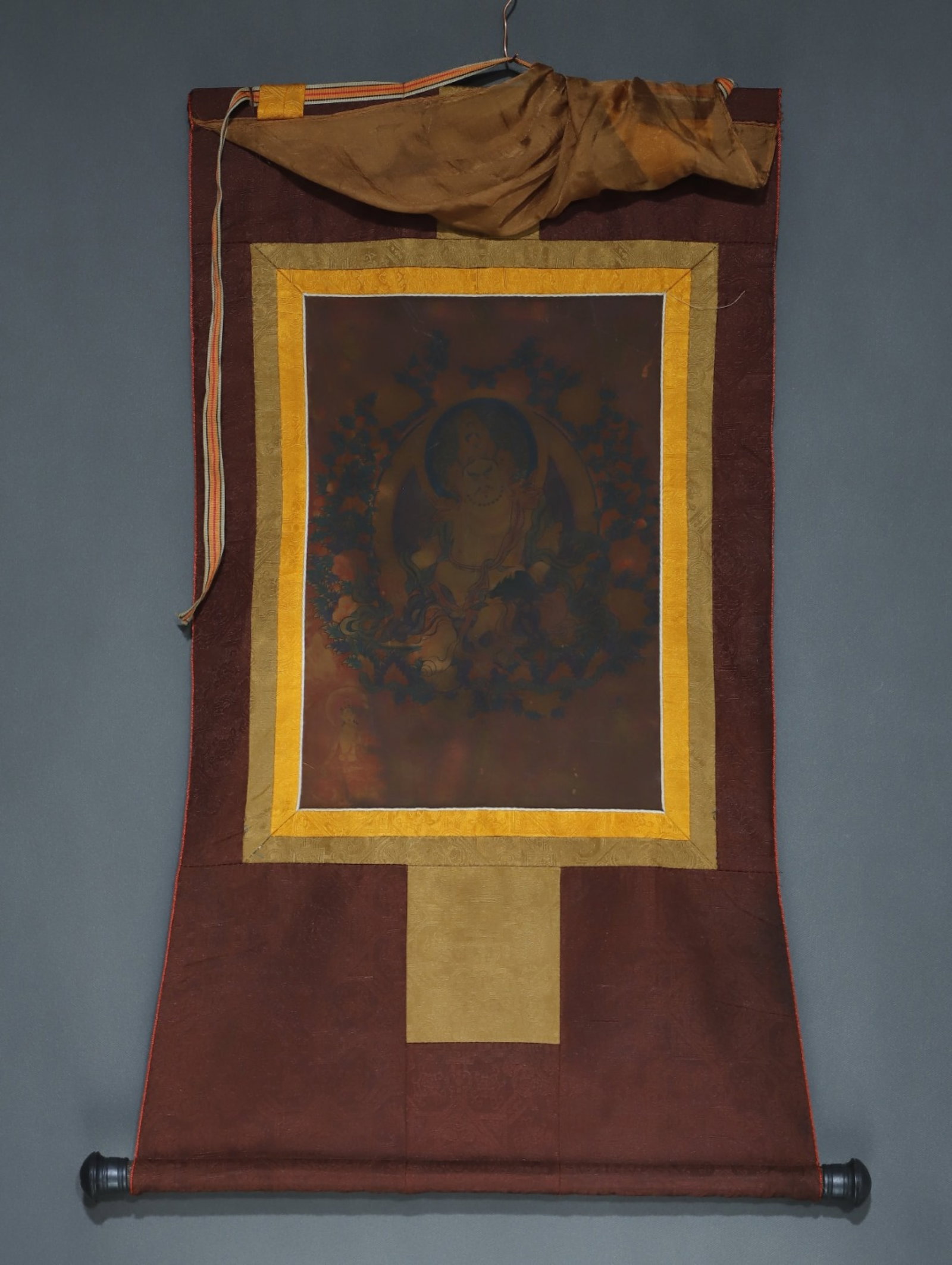 A Rare Brocade Painted Color Statue of Mammon Tangka: A Rare Brocade Painted Color Statue of Mammon Tangka,Qing Dynasty, China,Size:34.6inx18.1in,(Without frame)16.5inx11in