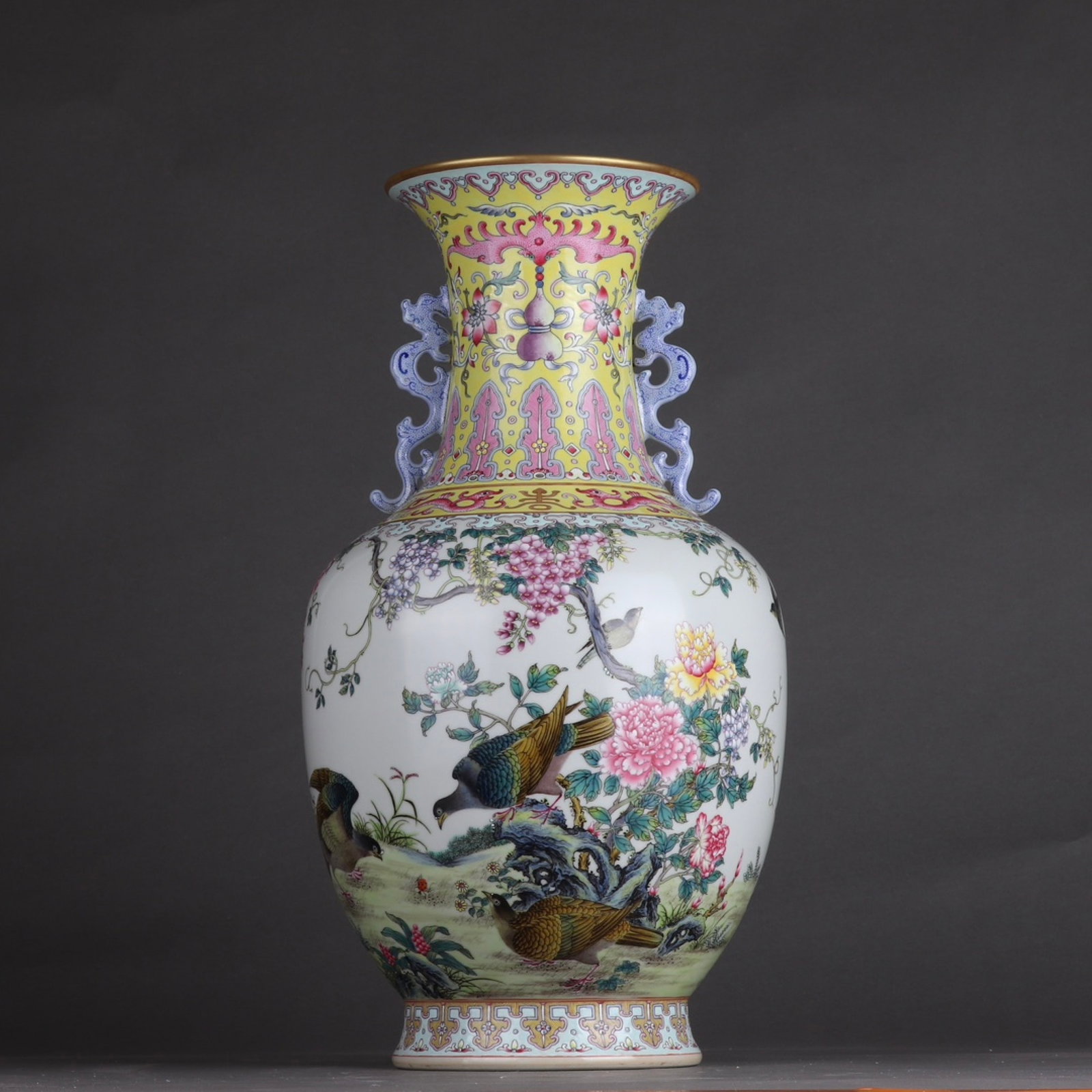 A Huge Enamel Flower and Bird Pattern Double-Ears Vase,with poem: A Huge Enamel Flower and Bird Pattern Double-Ears Vase,with poem,Qing Dynasty,China,Qianlong Six-character Mark,Size:15.4inx8.7in 珐琅彩花鸟纹双耳ல