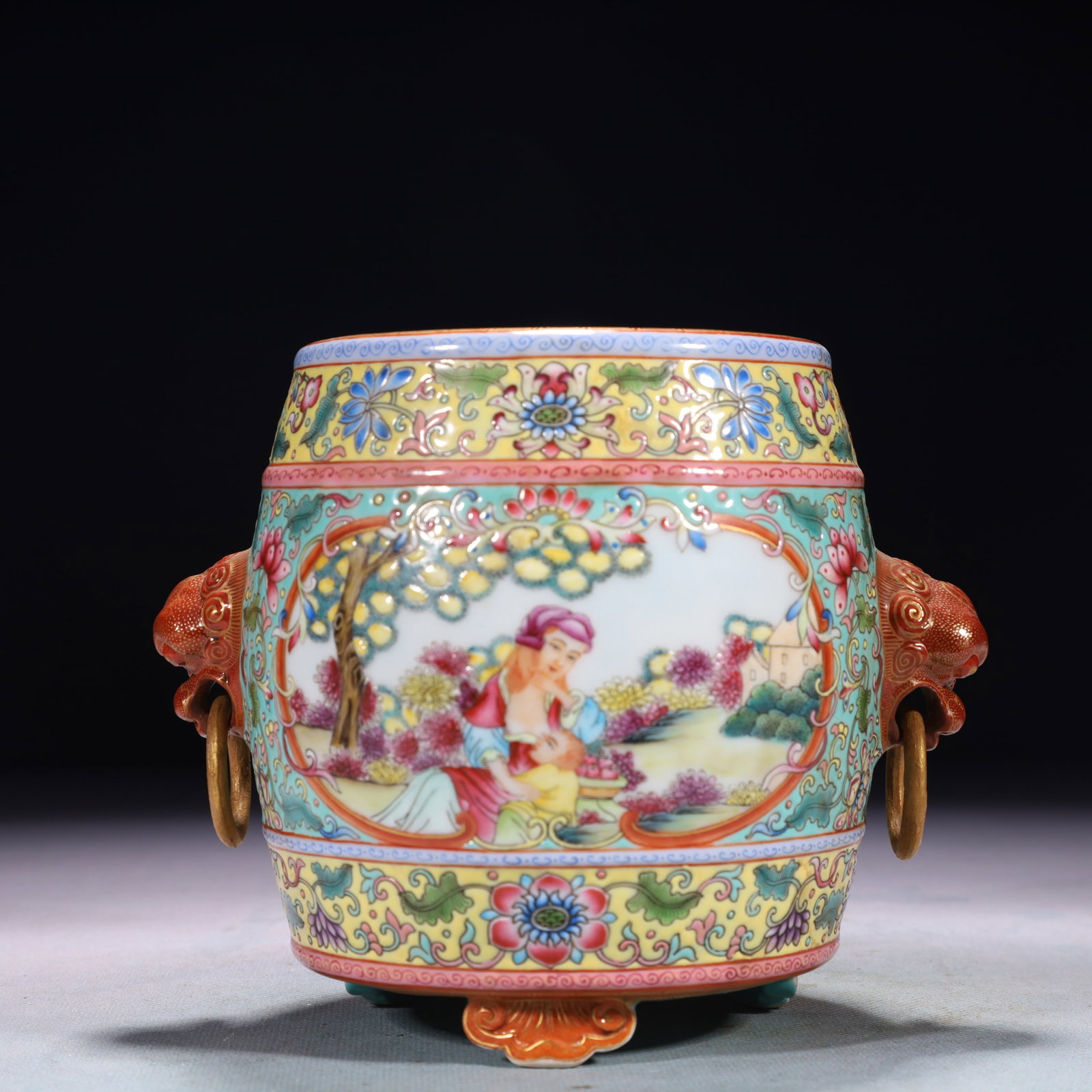 An Exquisite Famille-Rose Painted Gold Character and Story Pattern Double-Ears and Tripod Censer: An Exquisite Famille-Rose Painted Gold Character and Story Pattern Double-Ears and Tripod Censer,Qing Dynasty,China,Qianlong Four-character Mark,Size:6.3inx4.3inx5.1in,Weight:1150g